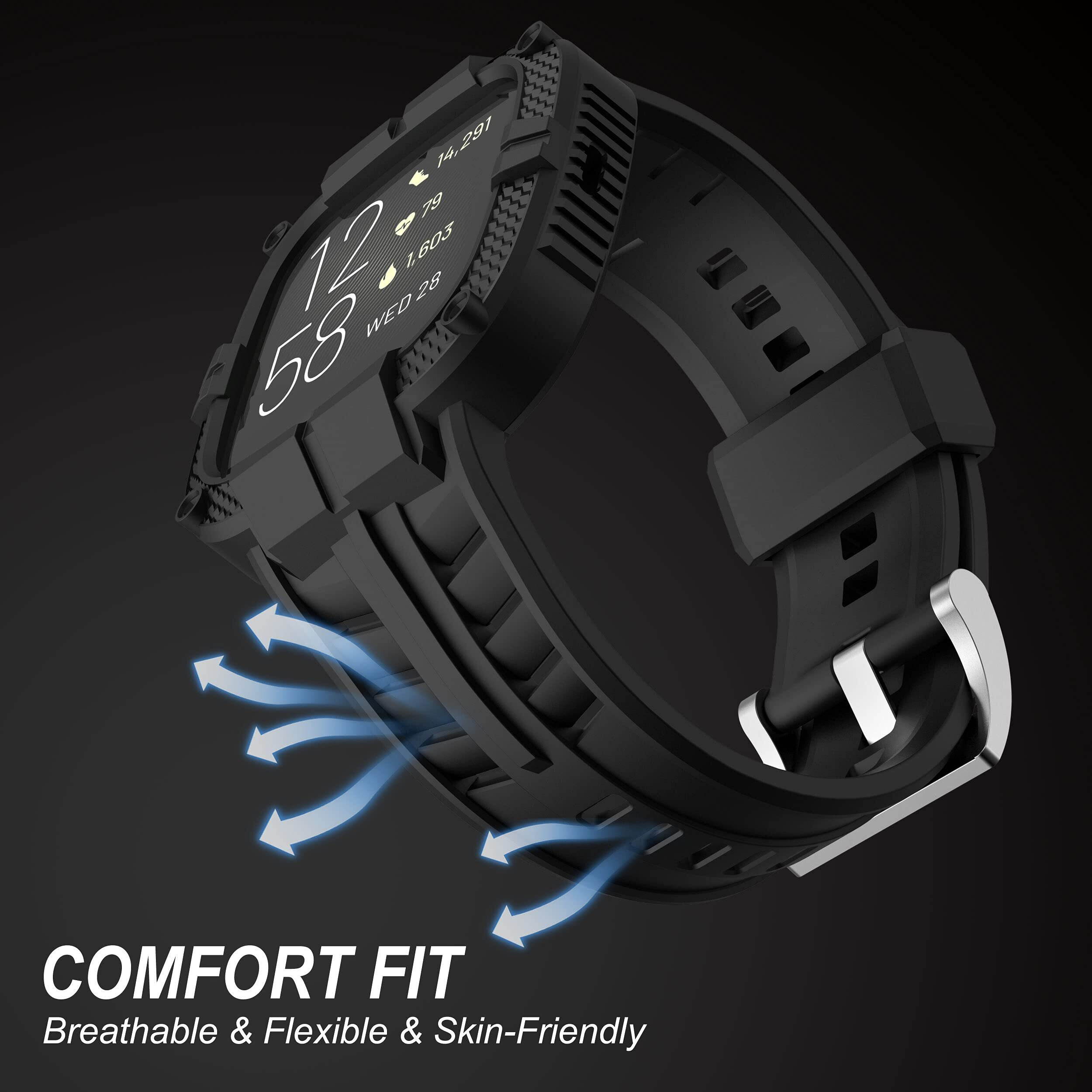 Gelishi Compatible For Fitbit Versa 2 Bands All Round Protective Case Rugged Sport Band Wristbands For Men Women Black