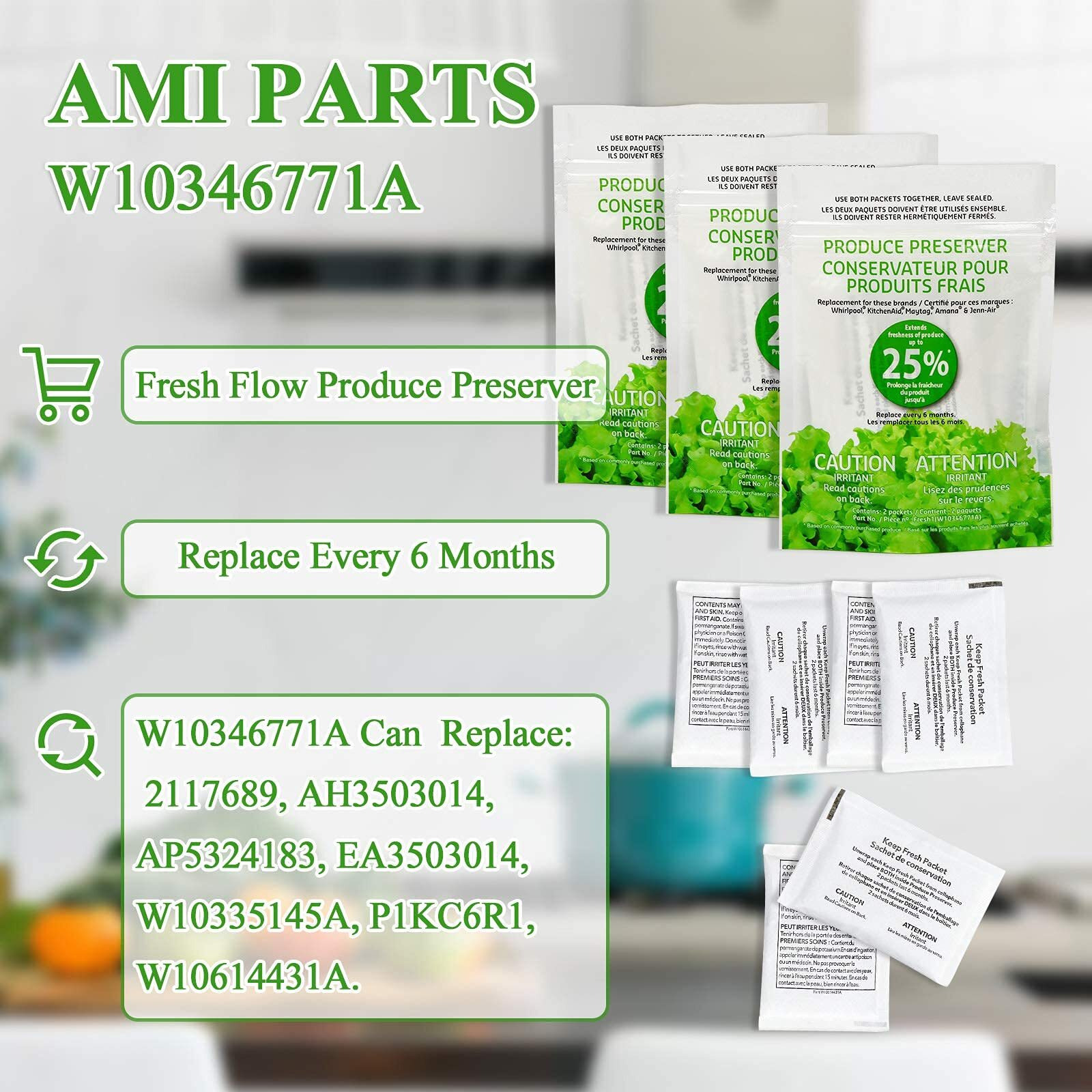 Ami Parts W10346771A Fresh Flow Produce Preserver Replacement Part Compatible With Refrigerators(3 Replacements-6Packs)