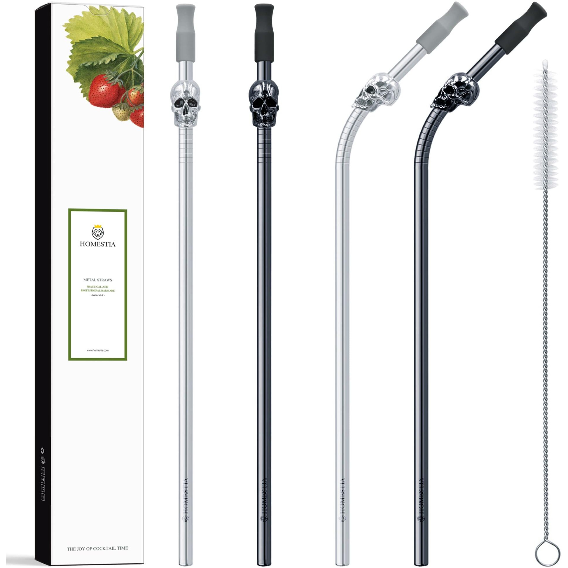 Homestia Long Reusable Straws Metal Straws With Silicone Tips  Drinking Straws Reusable Stainless Steel Straws  Skull Straws For Tumblers  2 Straight 2 Bent  10.5"" Travel Straws With Cleaning Brush