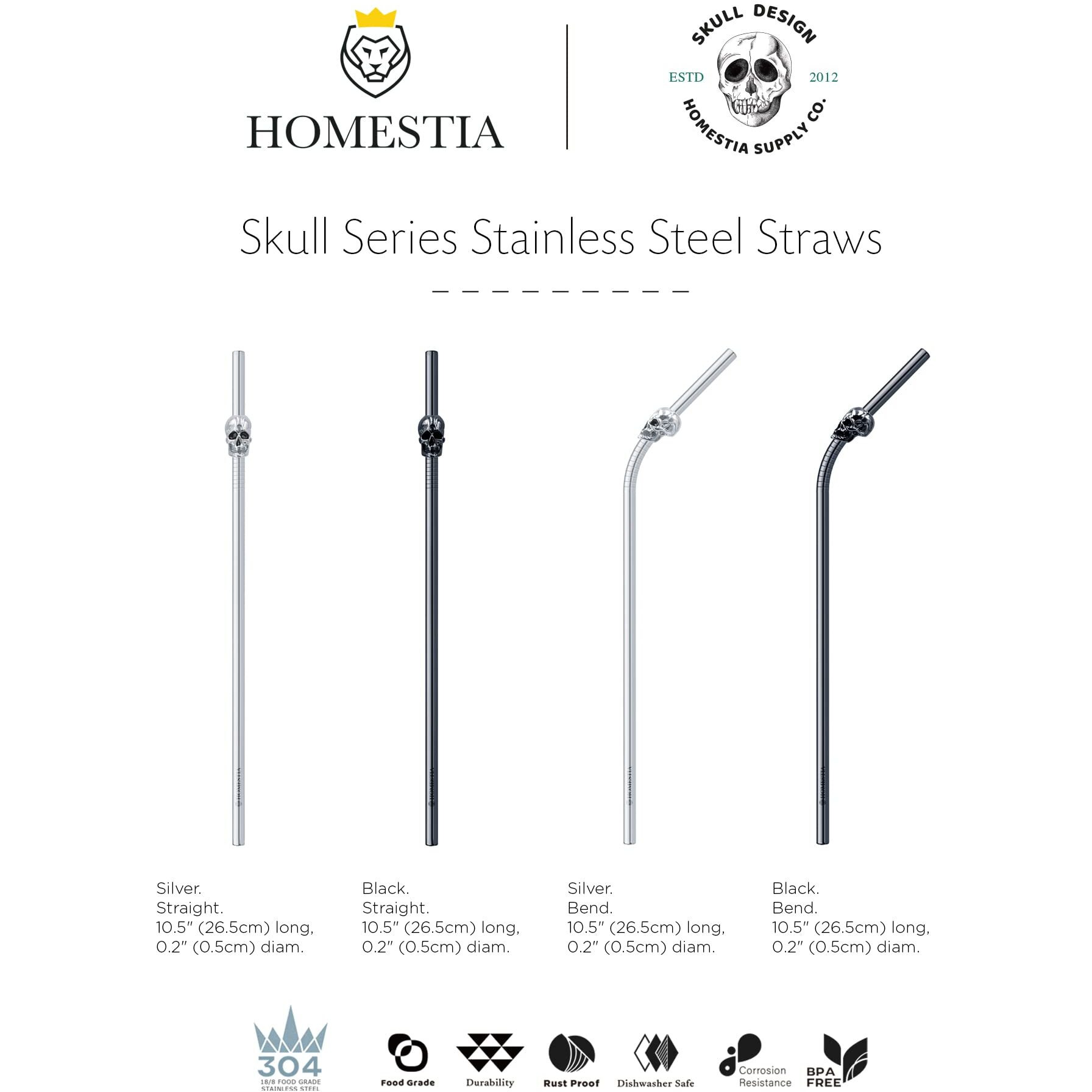 Homestia Long Reusable Straws Metal Straws With Silicone Tips  Drinking Straws Reusable Stainless Steel Straws  Skull Straws For Tumblers  2 Straight 2 Bent  10.5"" Travel Straws With Cleaning Brush