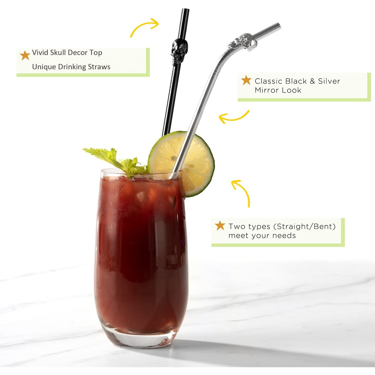 Homestia Long Reusable Straws Metal Straws With Silicone Tips  Drinking Straws Reusable Stainless Steel Straws  Skull Straws For Tumblers  2 Straight 2 Bent  10.5"" Travel Straws With Cleaning Brush