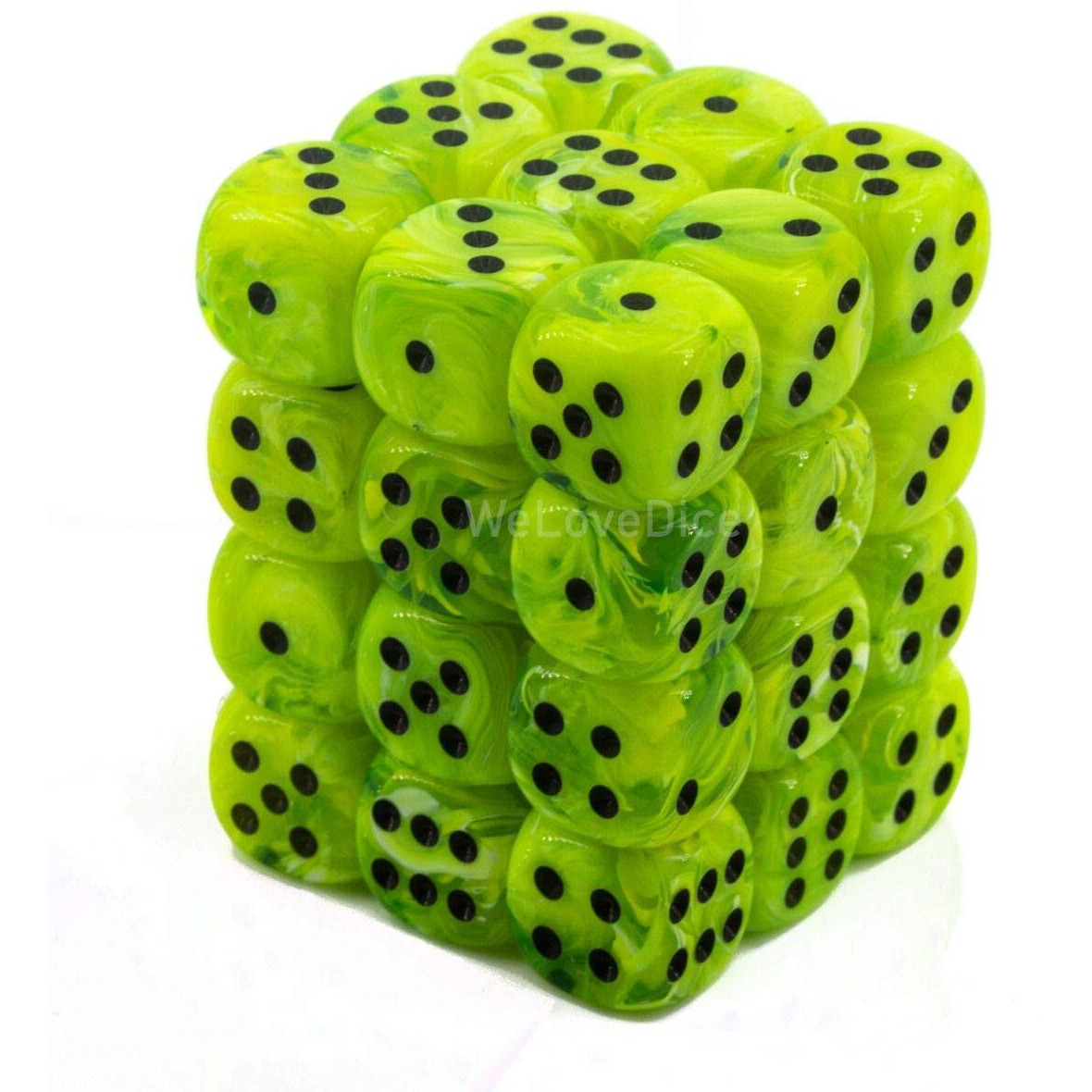 Chessex Dice D6 Sets Vortex Bright Green With Black - 12Mm Six Sided Die (36) Block Of Dice