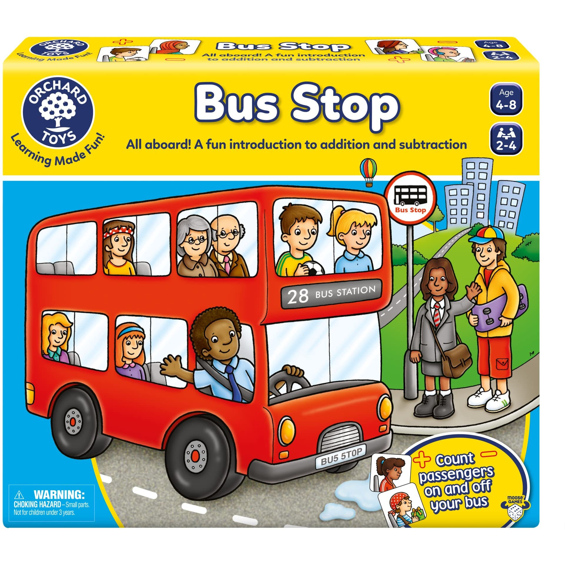 Orchard Toys Moose Games Bus Stop Game. A Fun Introduction To Addition And Subtraction. Pick Up And Drop Off Passengers On Your Bus. For Ages 4-8 And For 2-4 Players