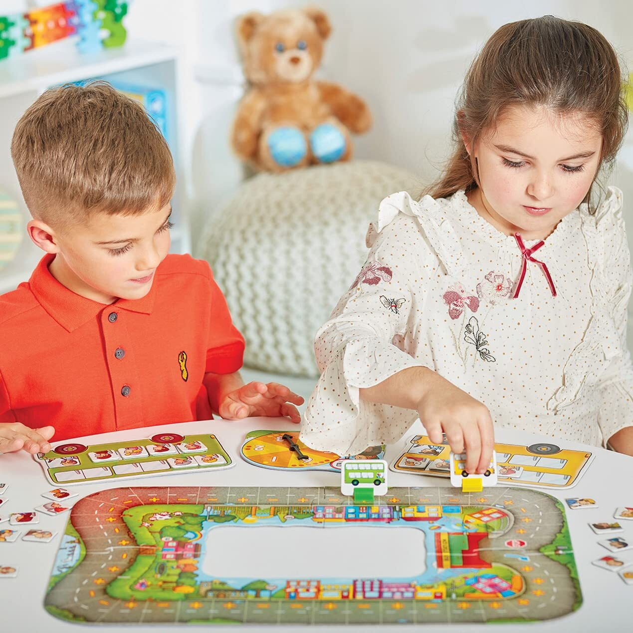 Orchard Toys Moose Games Bus Stop Game. A Fun Introduction To Addition And Subtraction. Pick Up And Drop Off Passengers On Your Bus. For Ages 4-8 And For 2-4 Players