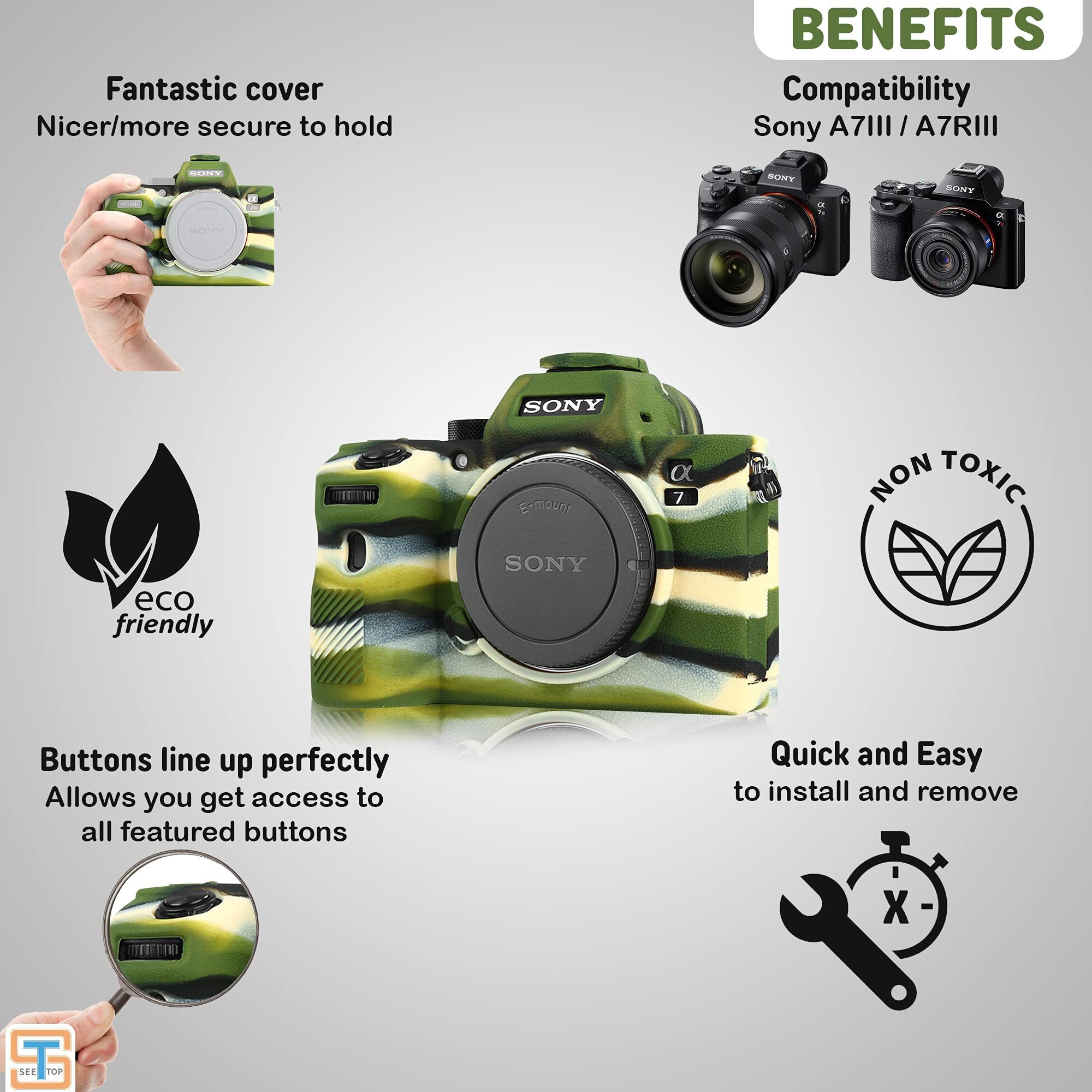 Stseetop Camera Case For Sony A7Iii A7Riii Sony Ilce-7Riii A73 A7R3- Protective Silicone Dslr Skin Cover  Detachable Cage  Shockproof  Dustproof (Army Green)