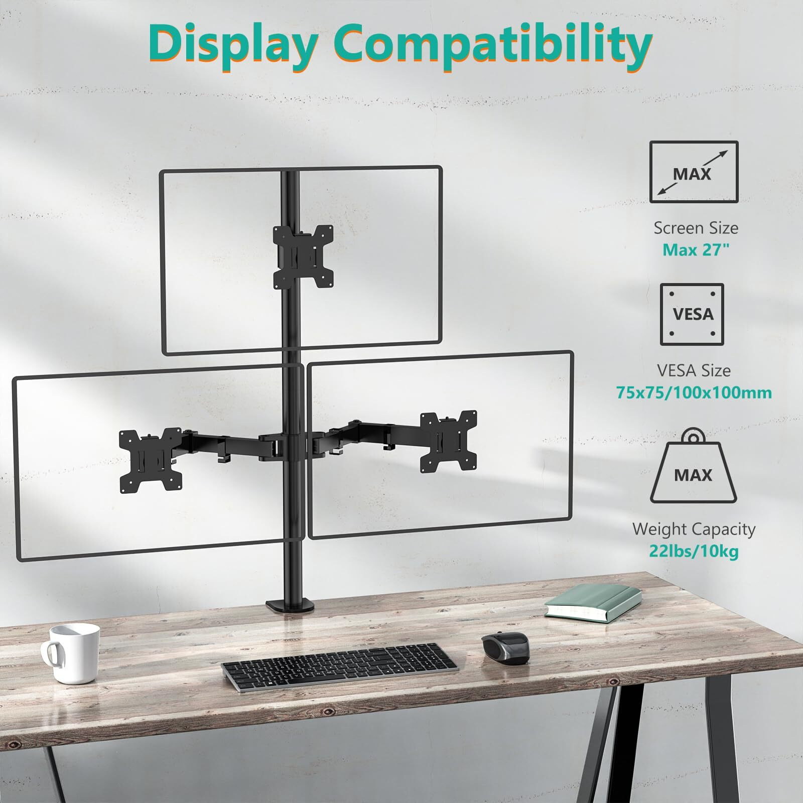 Wali Triple Monitor Desk Mount  Fully Adjustable Three Monitor Stand Fits 3 Screens Up To 27 Inch  22 Lbs  Weight Capacity Per Arm (M003)  Black