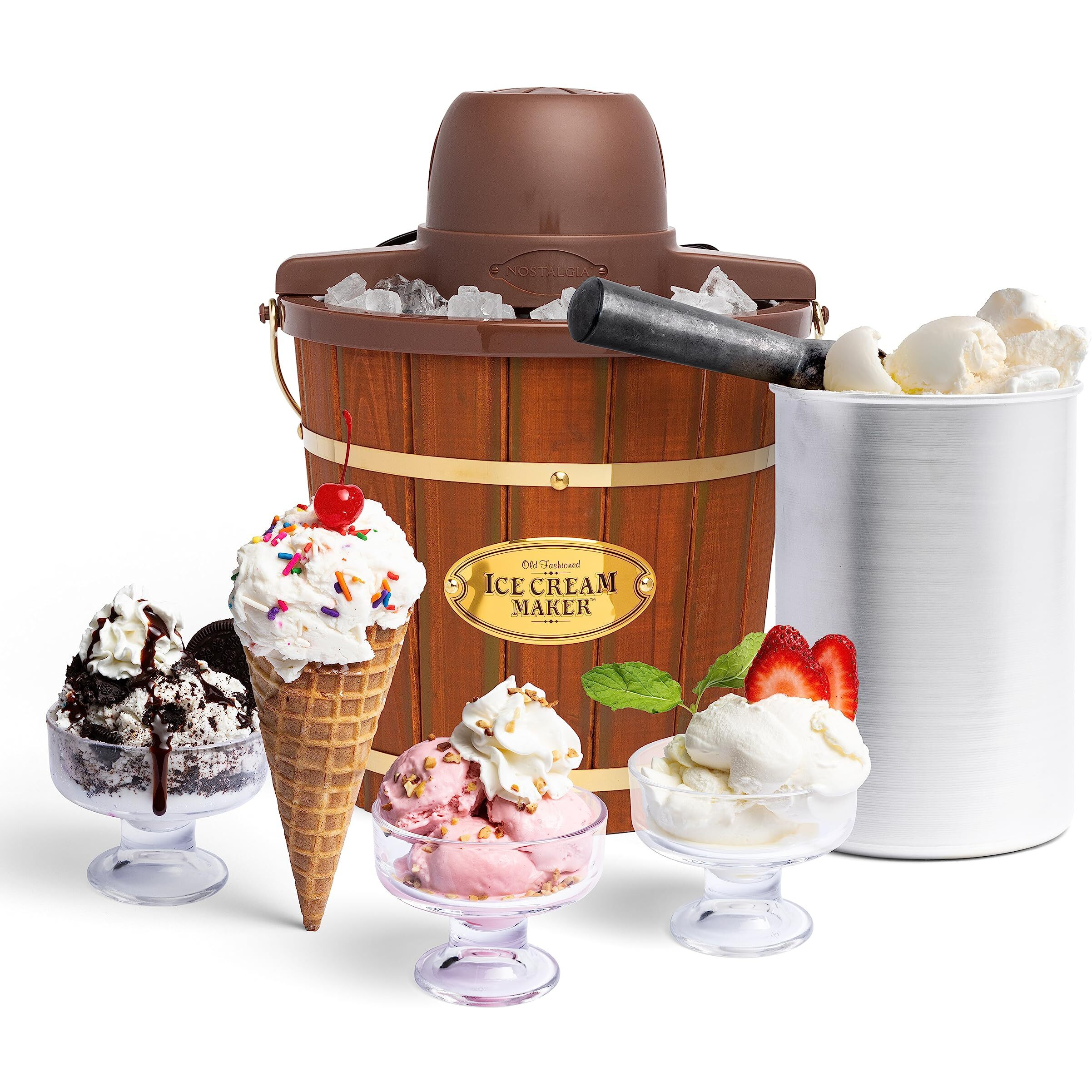 Nostalgia Electric Ice Cream Maker - Old Fashioned Soft Serve Ice Cream Machine Makes Frozen Yogurt Or Gelato In Minutes - Fun Kitchen Appliance - Vintage Wooden Style - Dark Wood - 4 Quart
