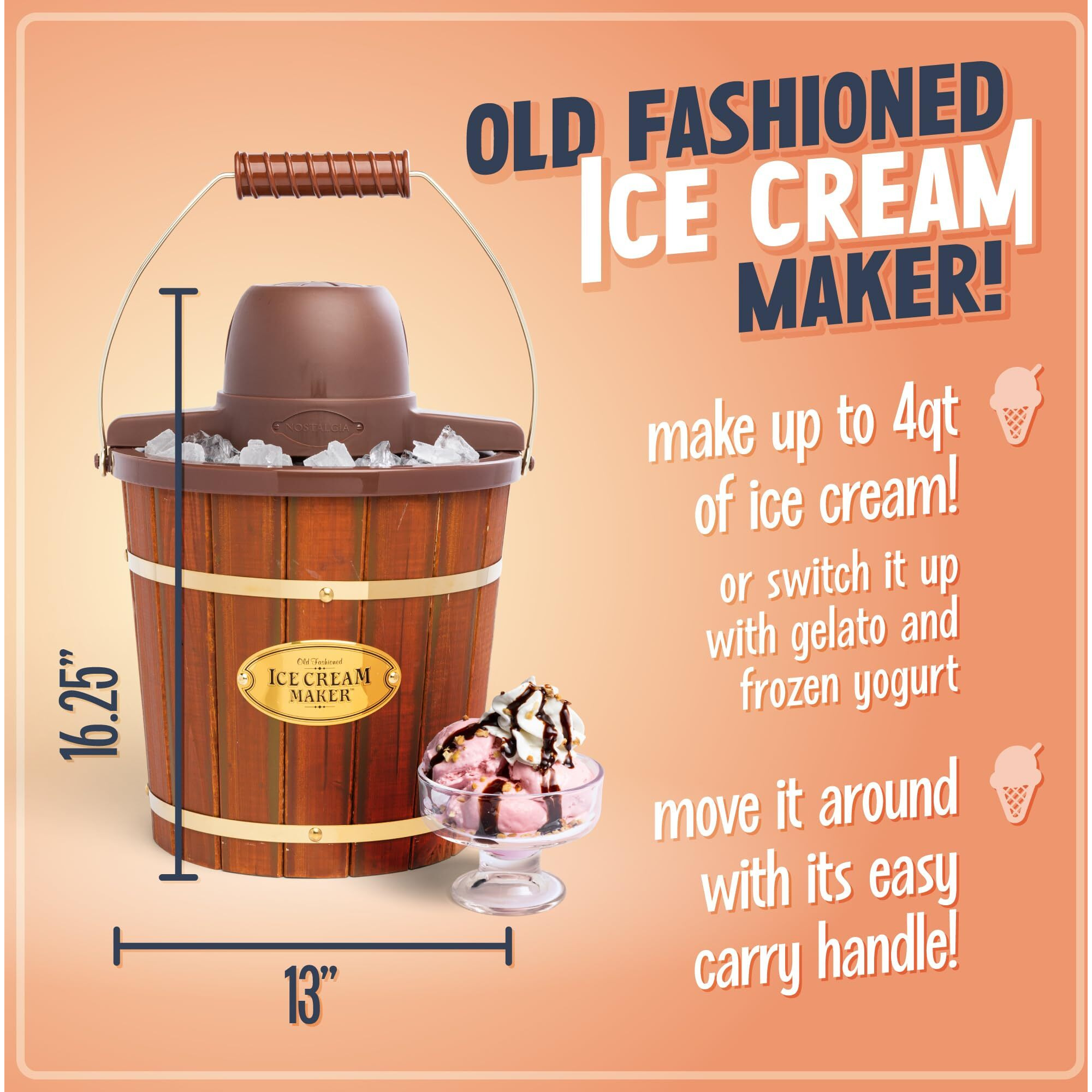 Nostalgia Electric Ice Cream Maker - Old Fashioned Soft Serve Ice Cream Machine Makes Frozen Yogurt Or Gelato In Minutes - Fun Kitchen Appliance - Vintage Wooden Style - Dark Wood - 4 Quart