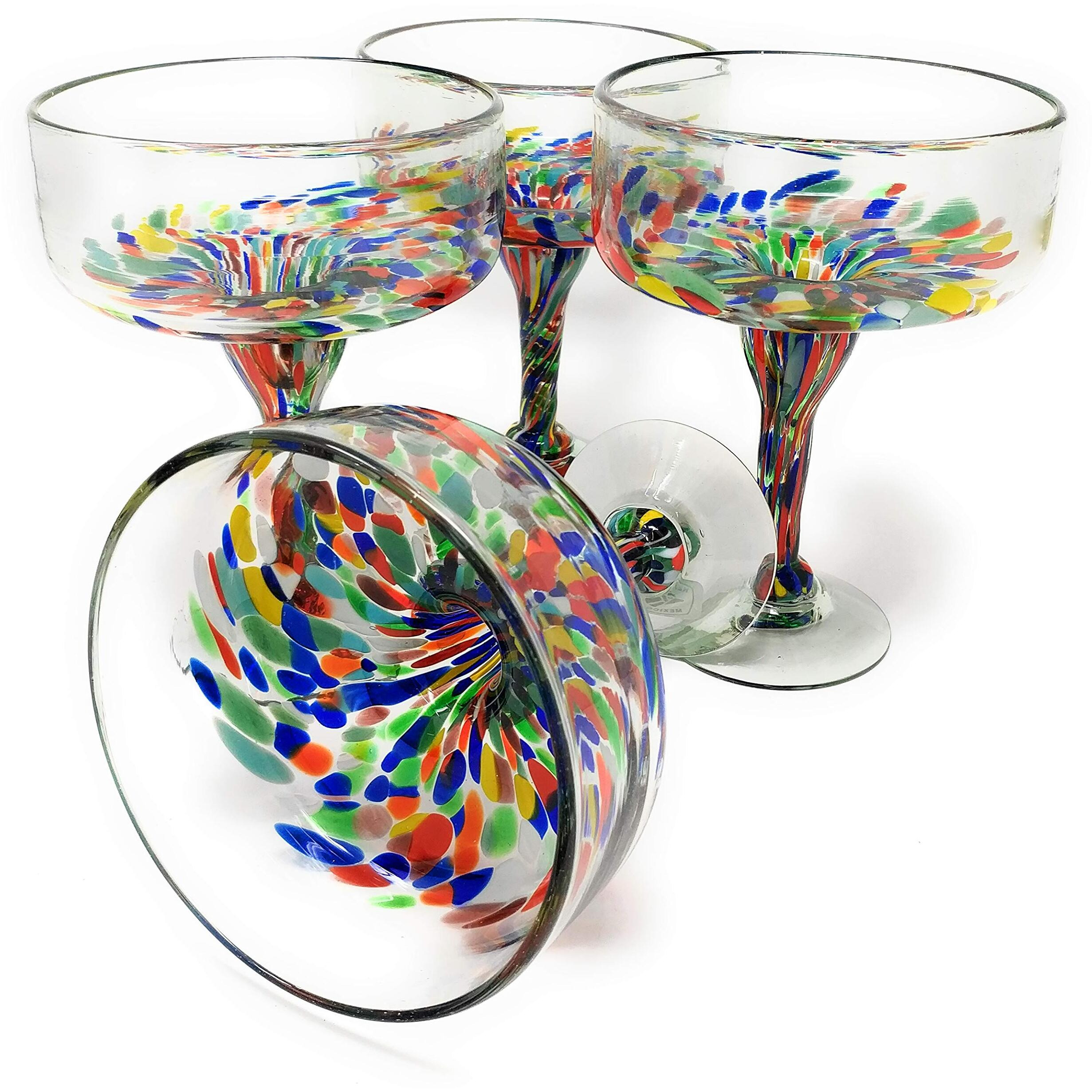 Mexican Hand Blown Glass - Set Of 4 Hand Blown Margarita Glasses Confetti Carmen (16 Oz)