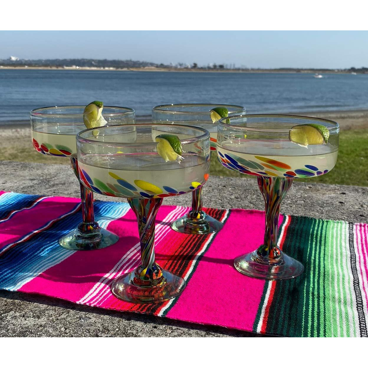 Mexican Hand Blown Glass - Set Of 4 Hand Blown Margarita Glasses Confetti Carmen (16 Oz)