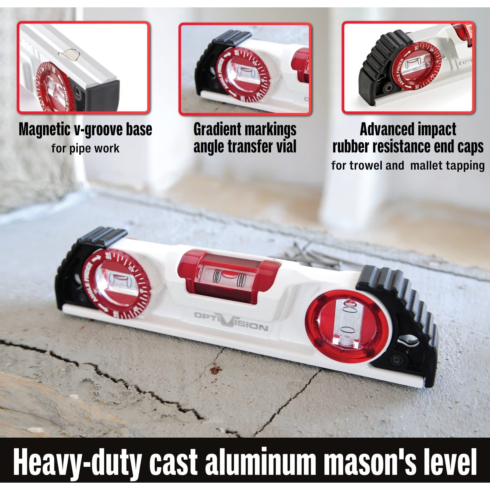 Kapro - 935 Magnetic Cast Red Torpedo Level - Features Optivision  Angle Finder  And V-Groove - For Tilling  Masonry  And Construction - 10 In