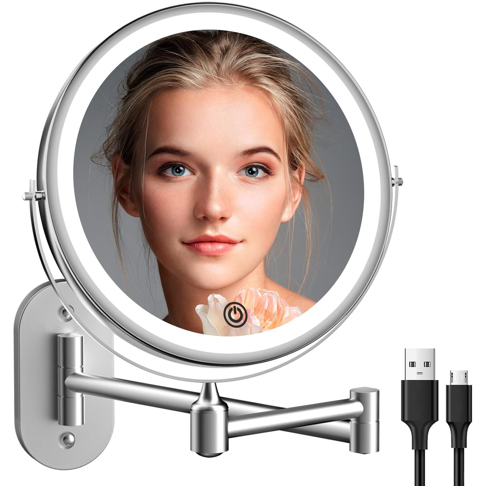 Rechargeable Wall Mounted Lighted Makeup Vanity Mirror 8 Inch 1X/10X Magnifying Bathroom Mirror With 3 Color Lights  Double Sided With Dimmable Led Lights  Extended Arm 360 Swivel Extension Mirror