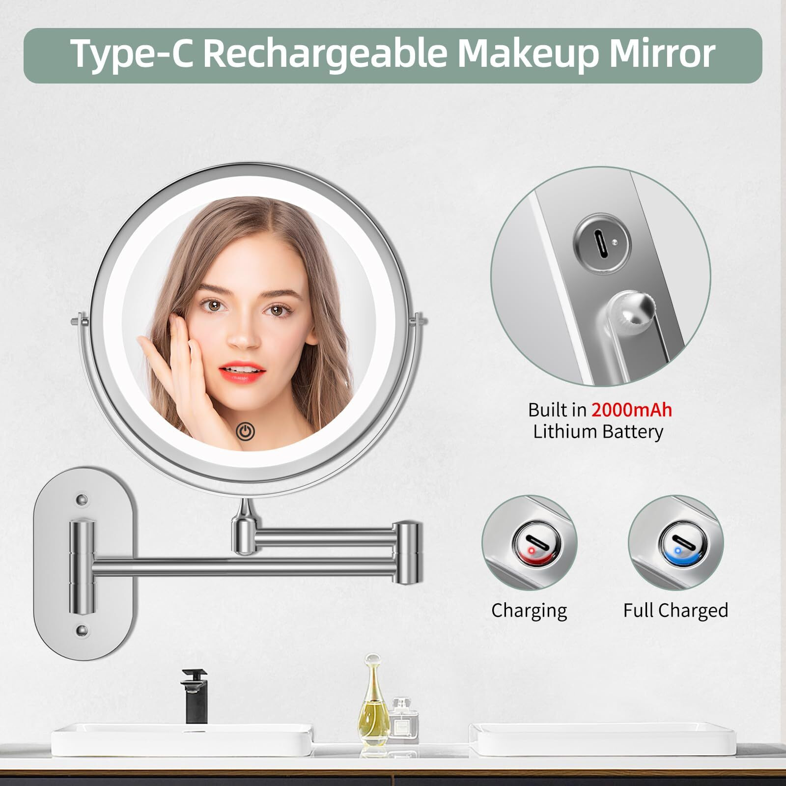 Rechargeable Wall Mounted Lighted Makeup Vanity Mirror 8 Inch 1X/10X Magnifying Bathroom Mirror With 3 Color Lights  Double Sided With Dimmable Led Lights  Extended Arm 360 Swivel Extension Mirror