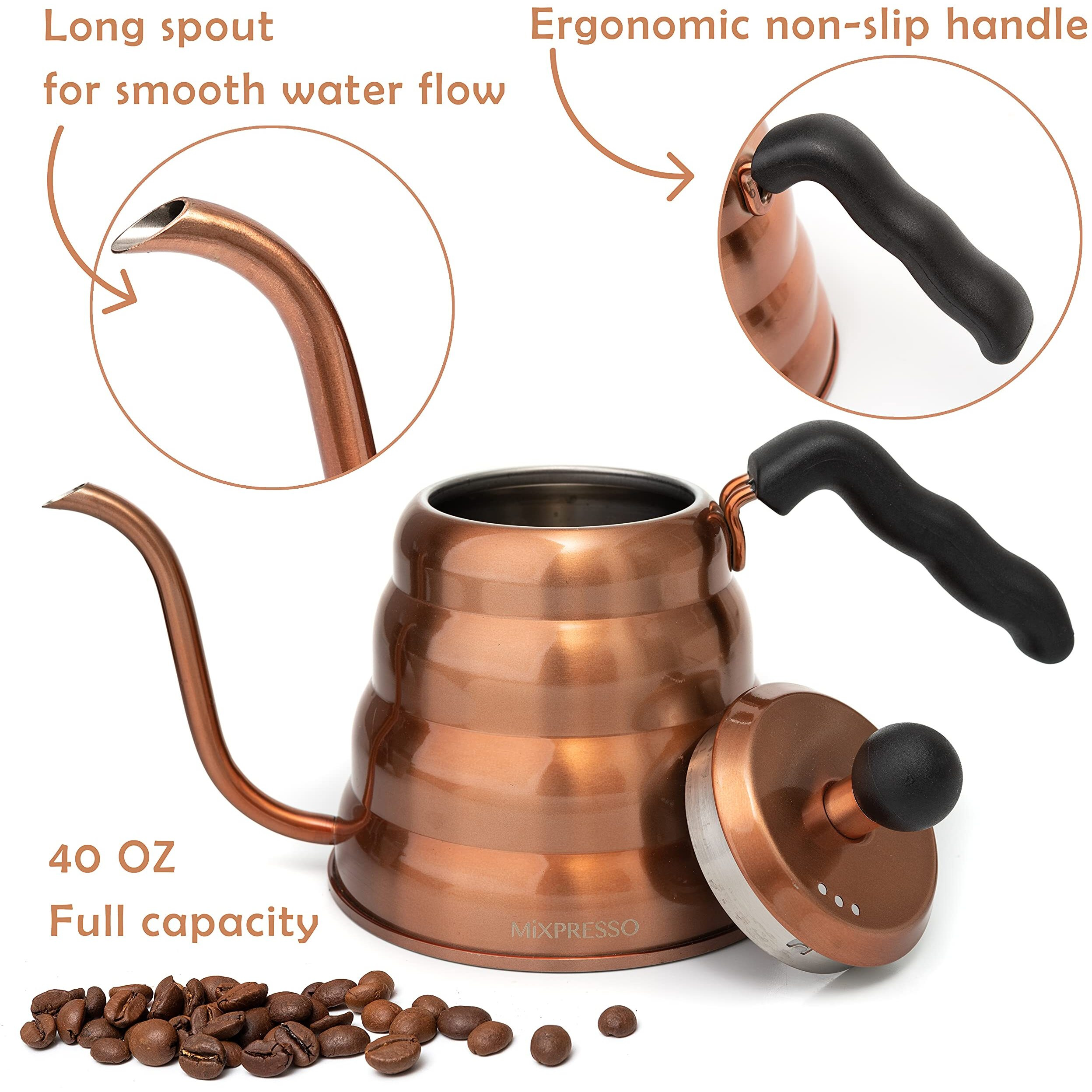 Mixpresso Gooseneck Pour Over Coffee Kettle  Barista Pour Control Design For Coffee & Tea High-Grade Stainless Steel 1.2 Liter (40 Oz) Drip Coffee Induction Cooker  Copper Stovetop Kettle