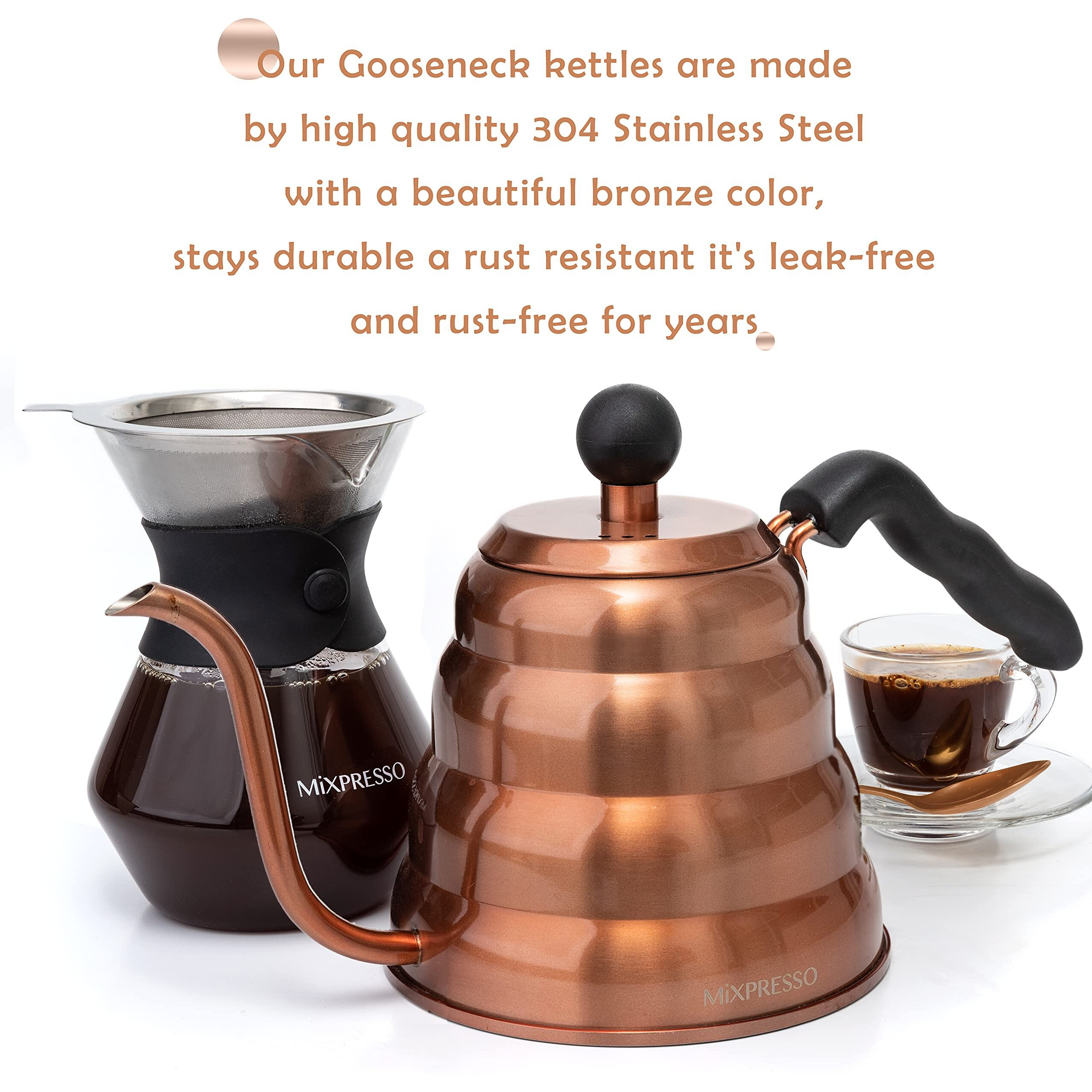 Mixpresso Gooseneck Pour Over Coffee Kettle  Barista Pour Control Design For Coffee & Tea High-Grade Stainless Steel 1.2 Liter (40 Oz) Drip Coffee Induction Cooker  Copper Stovetop Kettle