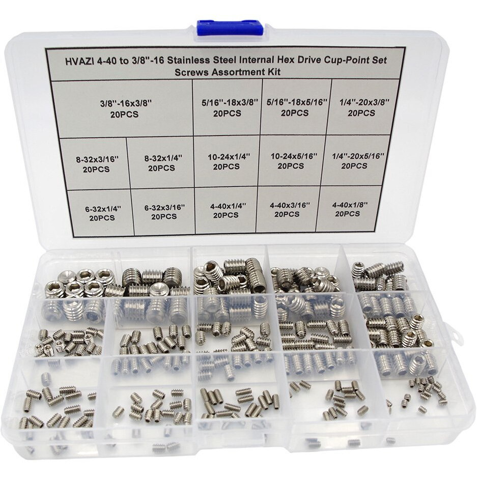 Hvazi 4-40 To 3/8""-16 Stainless Steel Internal Hex Drive Cup-Point Set Screws Assortment Kit