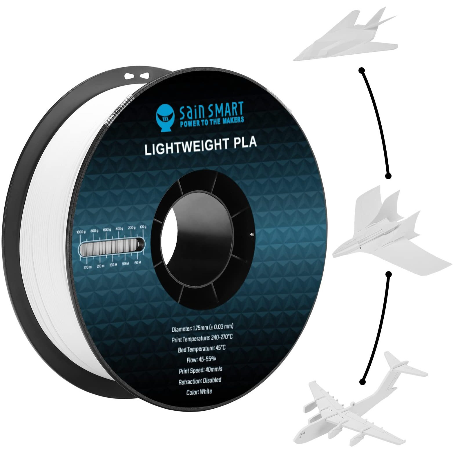 Sainsmart Light Weight Filament 1.75Mm  Lw-Pla Low-Density Active Foaming 3D Printer Filament For Rc Planes Drone Parts And Cosplay  White Pla Filament  1Kg