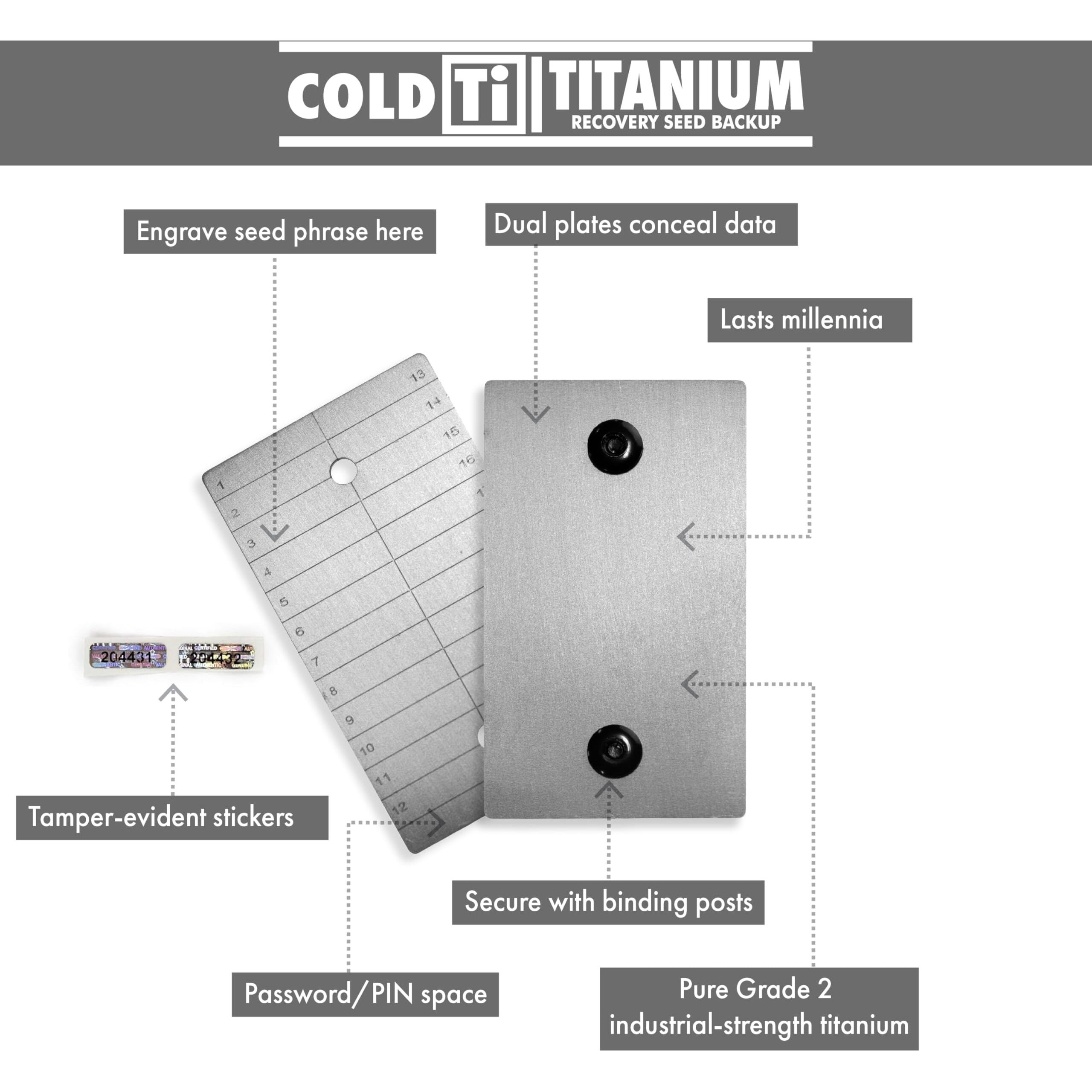 Coldti - Titanium Bitcoin Seed Plates For Ultra-Secure Ethereum And Crypto Seed Phrase Storage - Premium Seed Phrase Metal - Includes 2 Plates And Seals