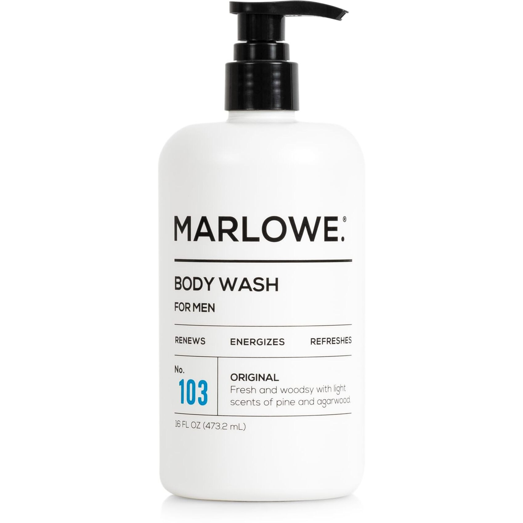 Marlowe. No. 103 Mens Body Wash 16 Oz  Energizing And Refreshing With Moisturizing Natural Willow Bark & Green Tea Extracts  Fresh Pine & Agarwood Scent