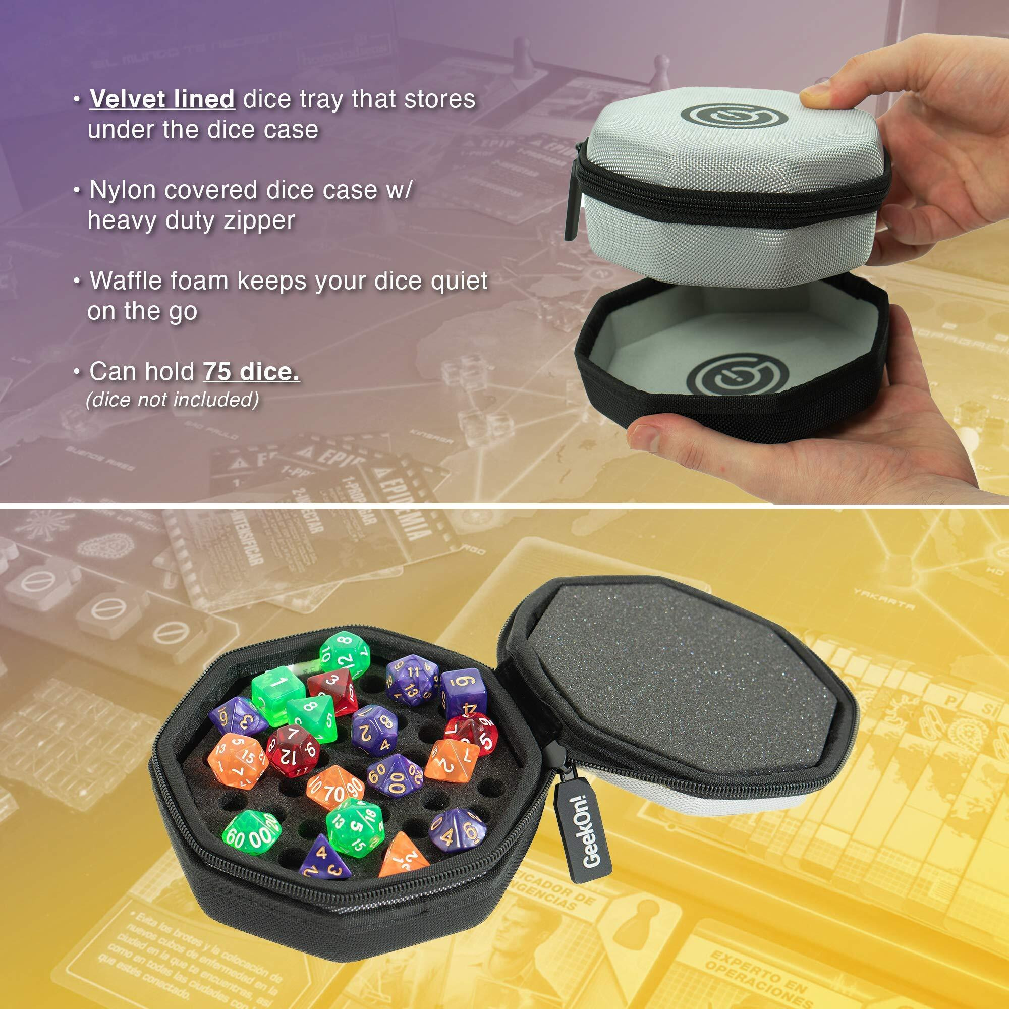 Geekon Protective Padded Dice Case & Integrated Felt Dice Tray For Board Games  Tabletop Games And Rpgs - Holds & Protects Over 75 Dice Perfect For Game Night (Gray)