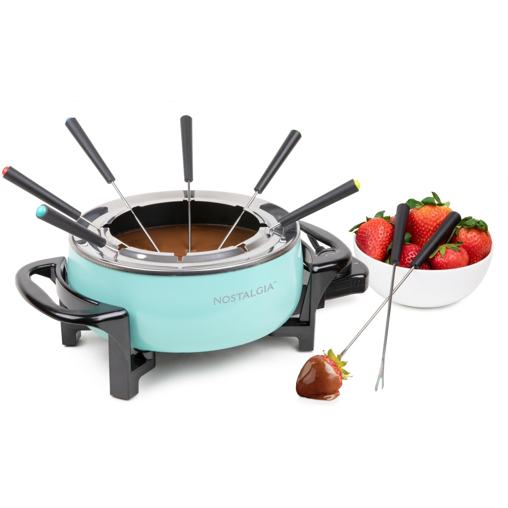 Nostalgia 12-Cup Electric Fondue Pot Set For Cheese & Chocolate - 8 Color-Coded Forks  Temperature Control - Stainless Steel Kitchen Gadgets And Appliances For Hors D'Oeuvres And More - Aqua