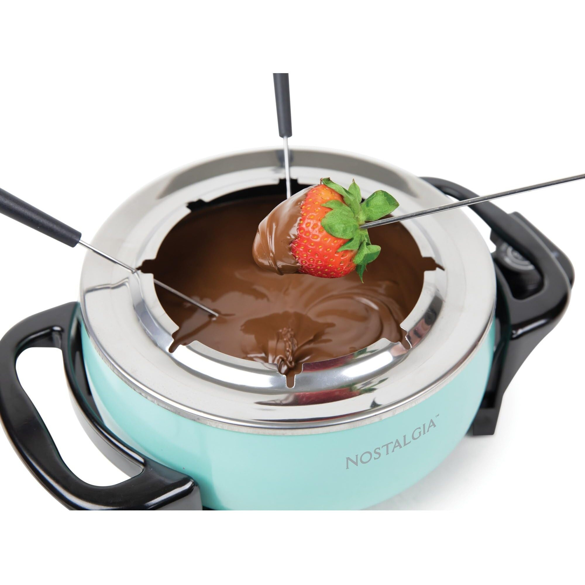 Nostalgia 12-Cup Electric Fondue Pot Set For Cheese & Chocolate - 8 Color-Coded Forks  Temperature Control - Stainless Steel Kitchen Gadgets And Appliances For Hors D'Oeuvres And More - Aqua
