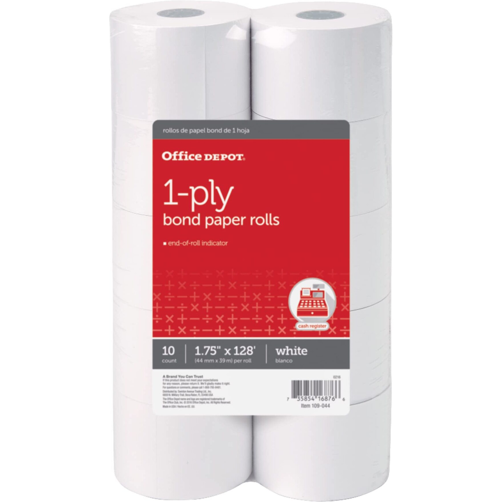 Office Depot 1-Ply Paper Rolls  1 3/4In. X 128Ft.  White  Pack Of 10  109044