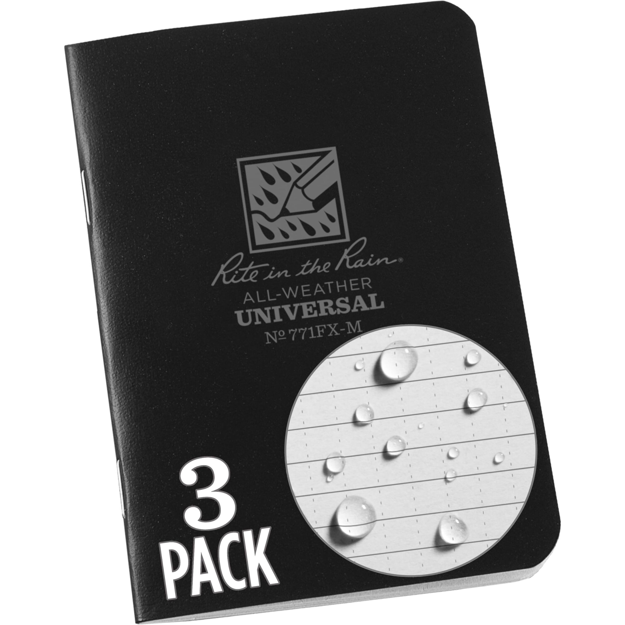 Rite In The Rain Weatherproof Mini-Stapled Notebook  3 1/4"" X 4 5/8""  Black Cover  Universal Pattern  3 Pack (No. 771Fx-M)