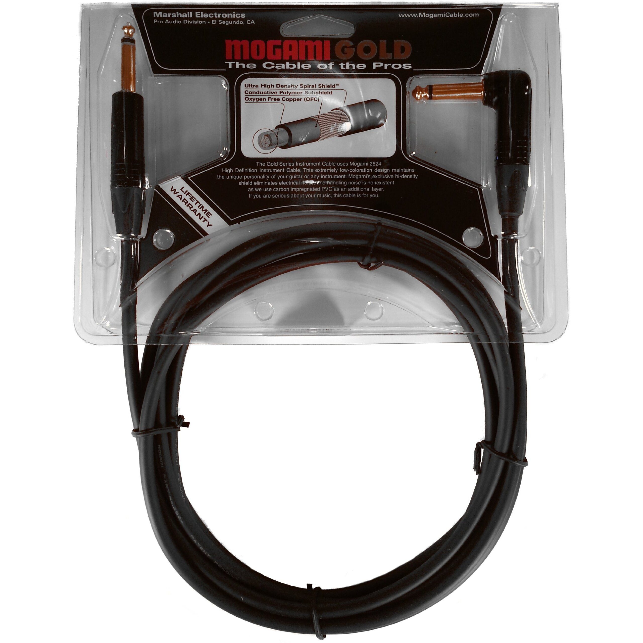 Mogami Gold Instrument-10R Guitar Instrument Cable  1/4"" Ts Male Plugs  Gold Contacts  Right Angle And Straight Connectors  10 Foot