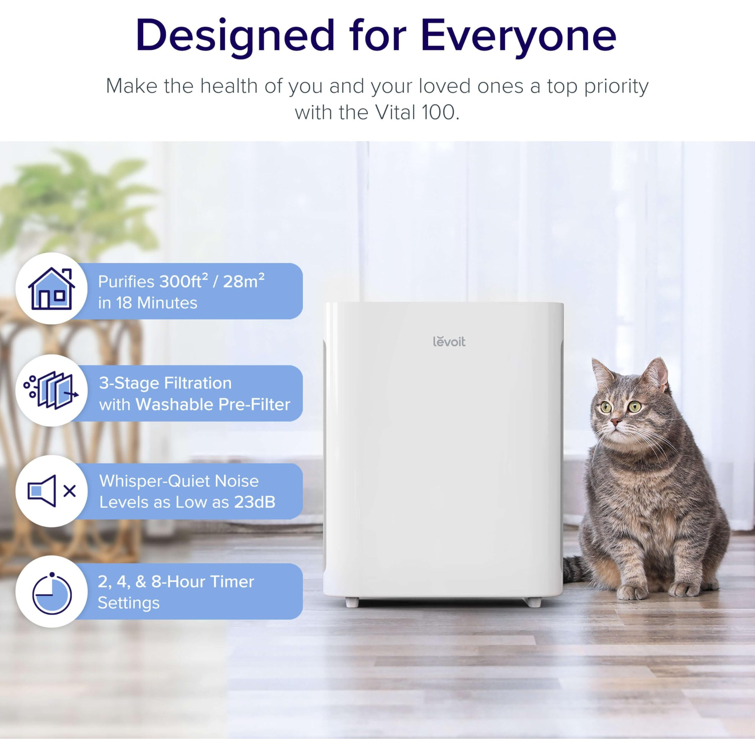 Levoit Air Purifiers For Home Large Room  Main Filter Cleaner With Washable Filter For Allergies  Smoke  Dust  Pollen  Quiet Odor Eliminators For Bedroom  Pet Hair Remover  Vital 100  White