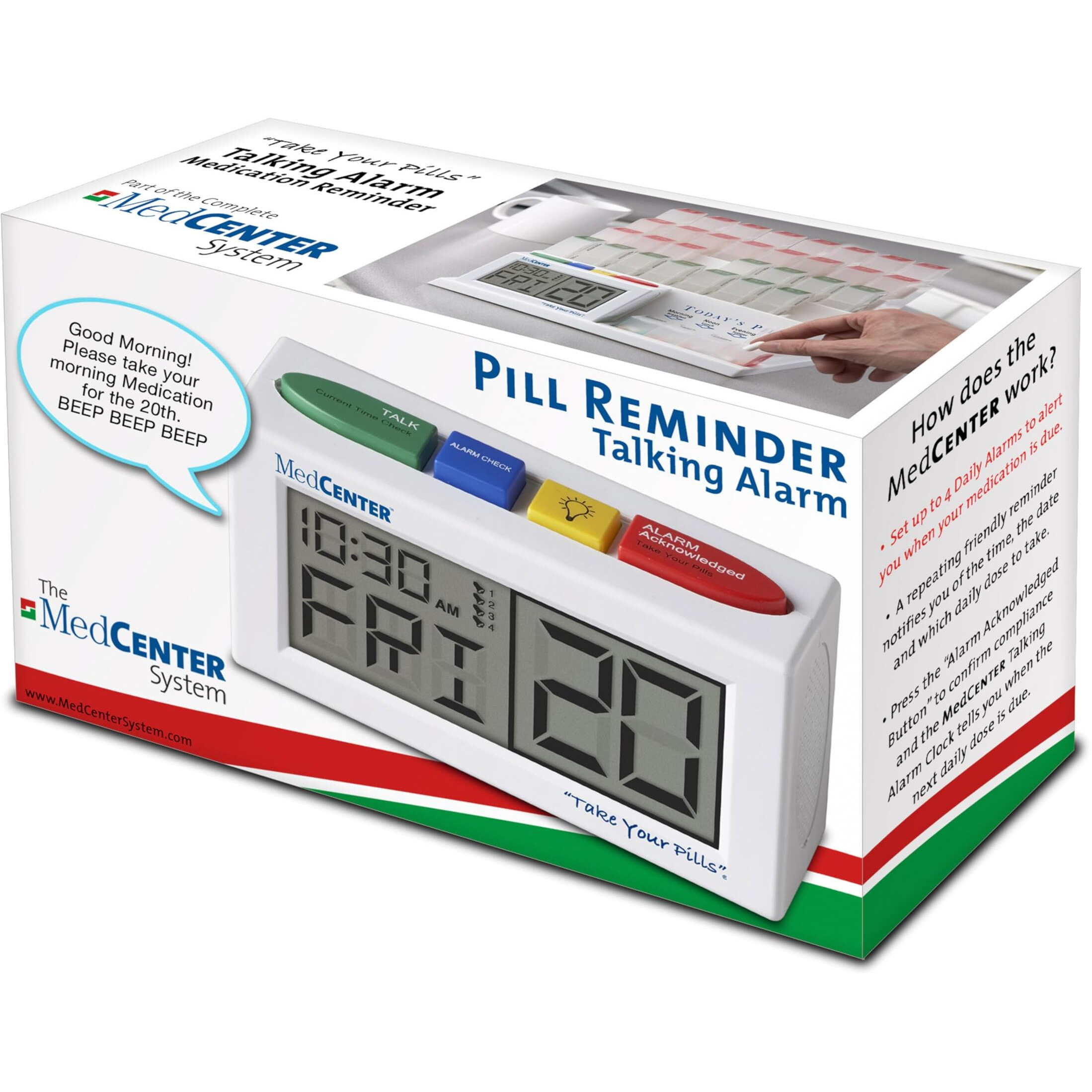 Medcenter Talking Alarm Clock  Medication Pill Reminder Clock  Talking Alarm Clock For Dementia  Hearing  Visually Impaired Seniors-Digital Clock With Multiple Easy Set Alarms Ex Large White