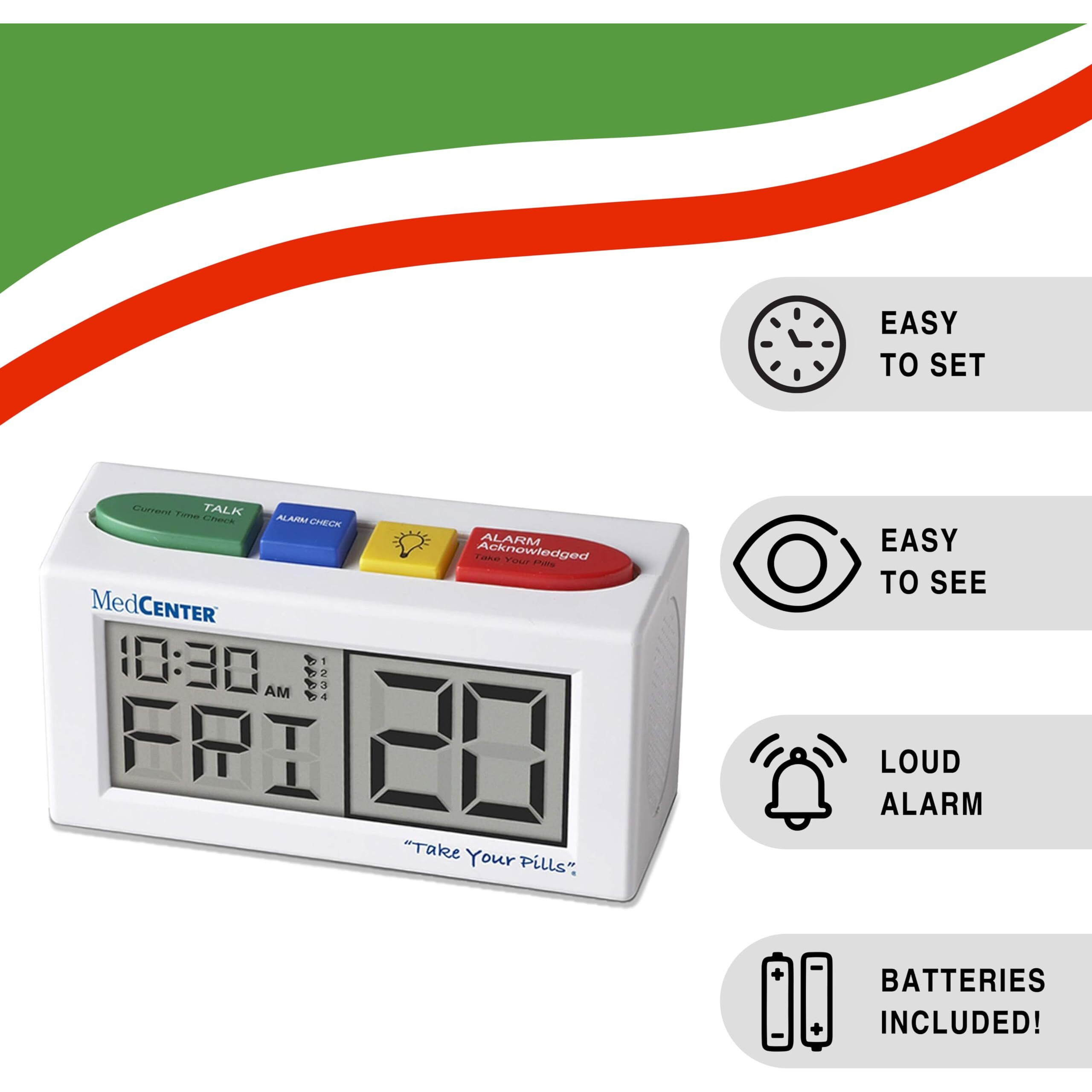 Medcenter Talking Alarm Clock  Medication Pill Reminder Clock  Talking Alarm Clock For Dementia  Hearing  Visually Impaired Seniors-Digital Clock With Multiple Easy Set Alarms Ex Large White