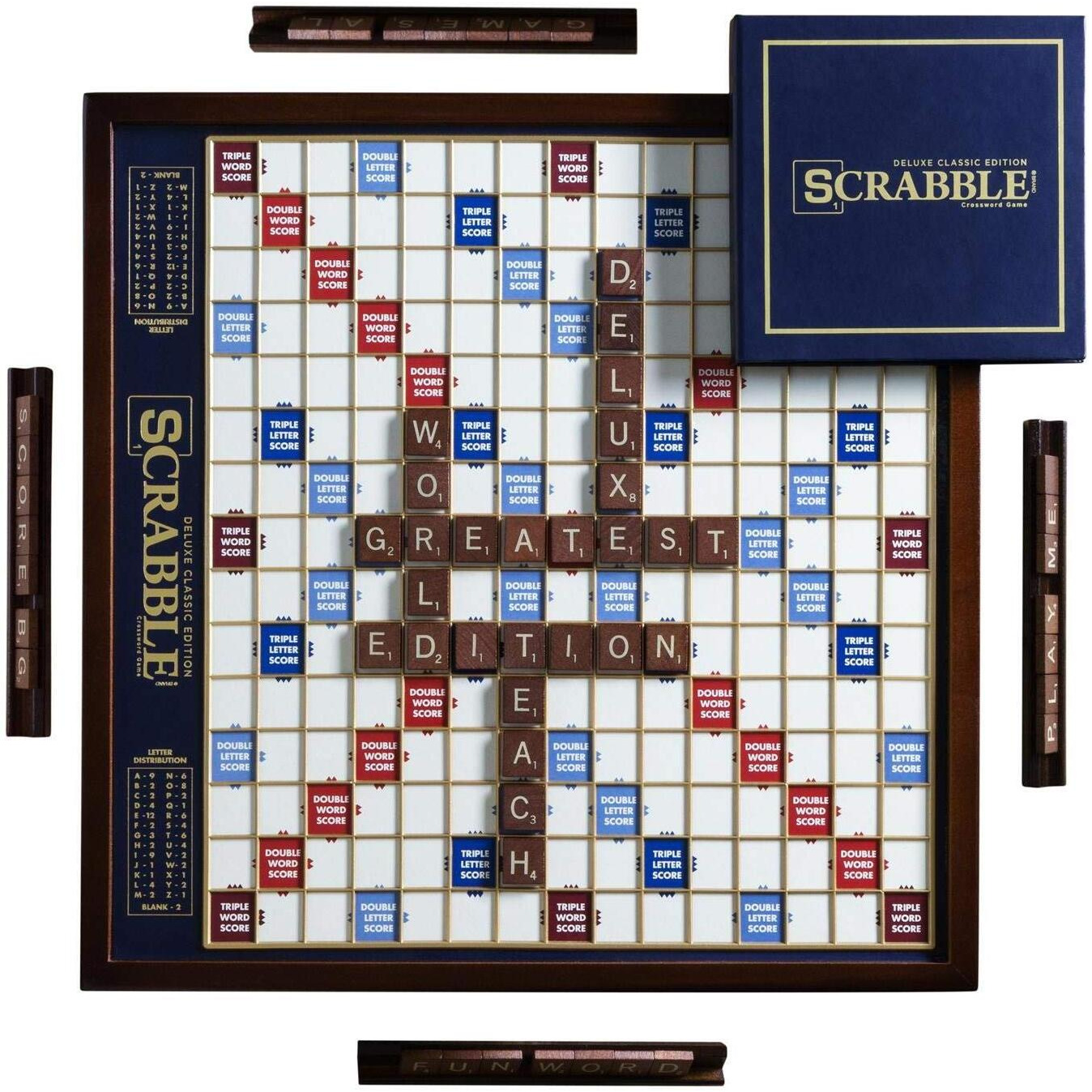 Ws Game Company Scrabble Deluxe Edition With Rotating Wooden Game Board  2 To 4 Players