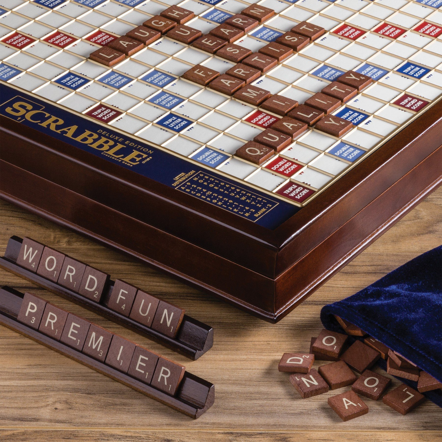 Ws Game Company Scrabble Deluxe Edition With Rotating Wooden Game Board  2 To 4 Players