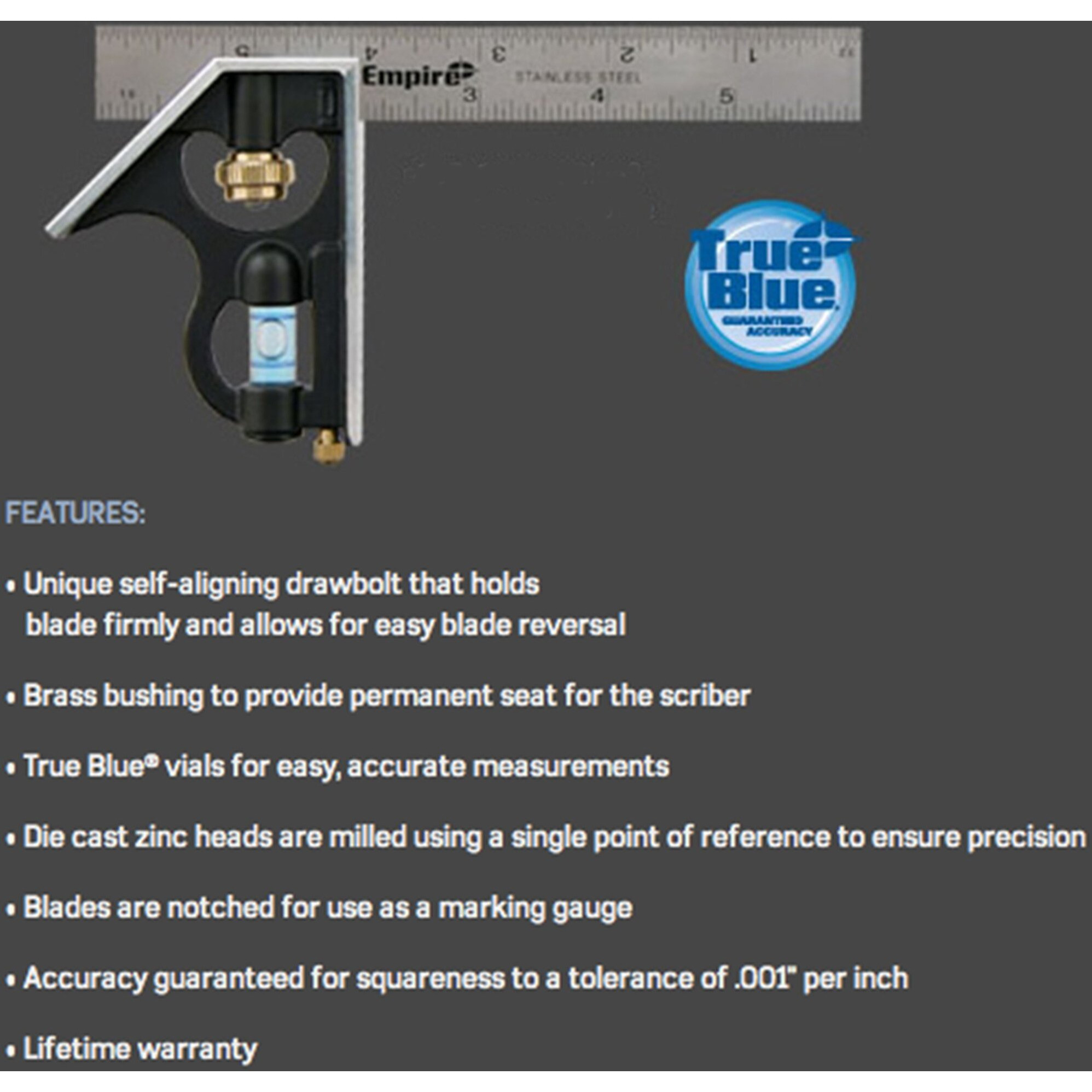 Empire Level E255 6-Inch Pocket Combination Square With Etched Stainless Steel Blade  Graduations And True Blue Vial
