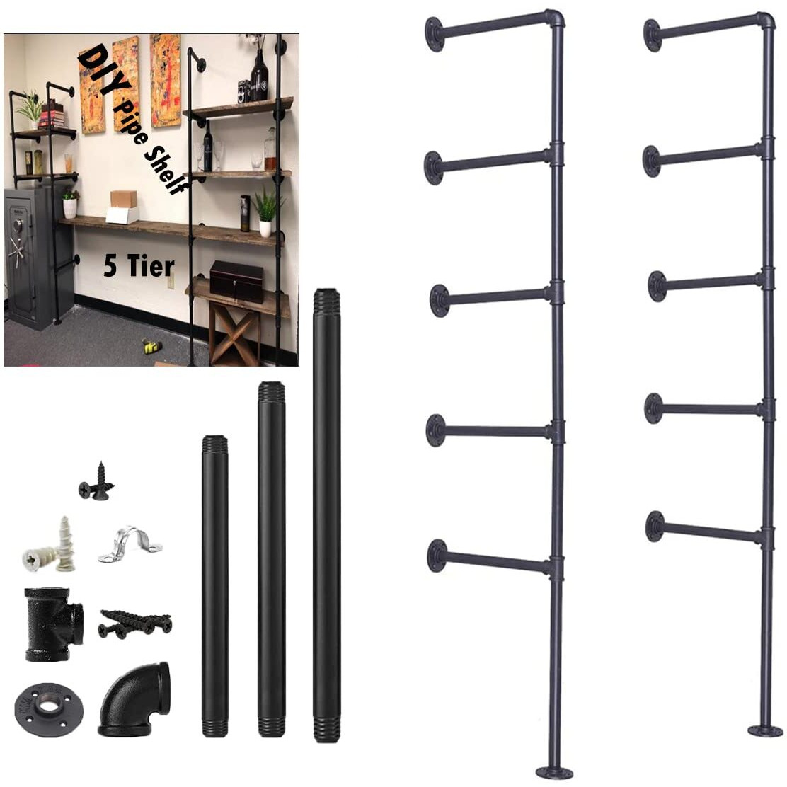 5 Tier Industrial Wall Mount Iron Pipe Shelf Shelving Bracket Vintage Retro Ceiling Hung Shelf Diy Open Bookshelf Storage For Office Room Kitchen (2Pcsx5Tier 70"" Tall 12"&quotDeep Hardware Only)