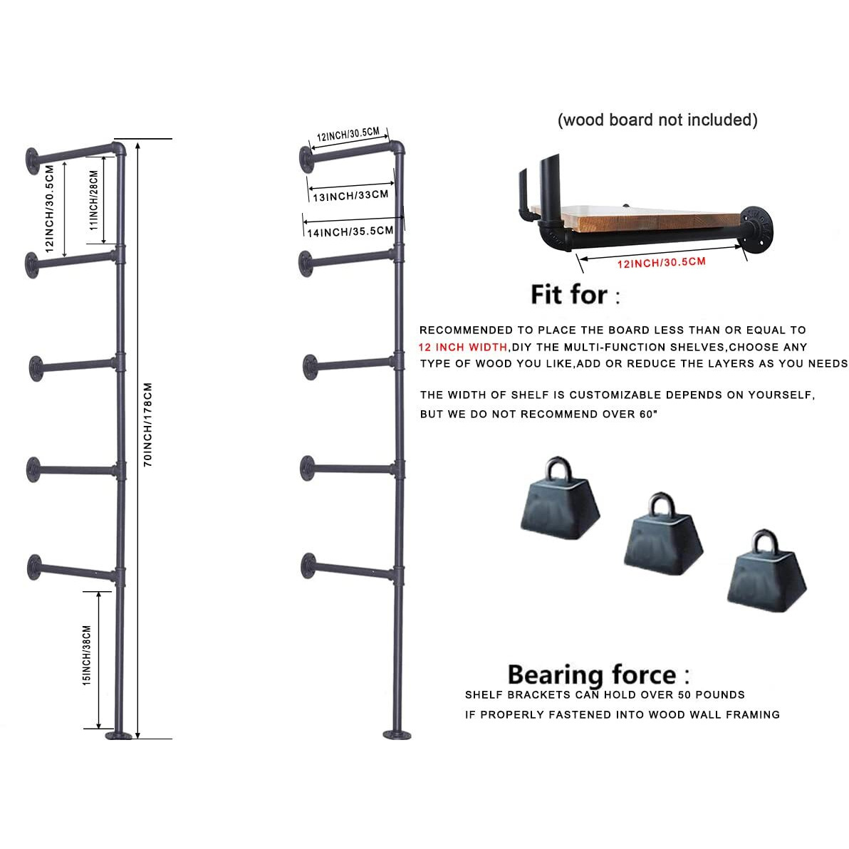 5 Tier Industrial Wall Mount Iron Pipe Shelf Shelving Bracket Vintage Retro Ceiling Hung Shelf Diy Open Bookshelf Storage For Office Room Kitchen (2Pcsx5Tier 70"" Tall 12"&quotDeep Hardware Only)