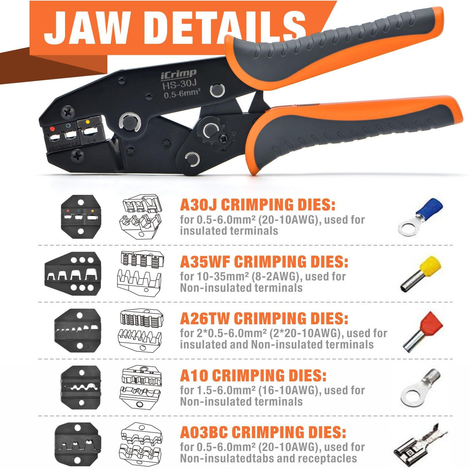 Icrimp Ratchet Wire Crimping Tool Set W/ 5 Interchangeable Jaws For Insulated And Non-Insulated Terminals Awg20-2  Wire Stripper Included