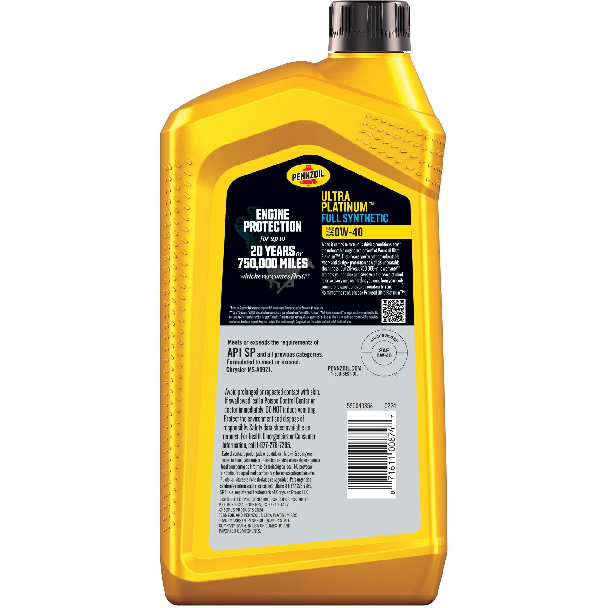 Pennzoil Ultra Platinum Full Synthetic 0W-40 Gasoline Engine Oil  1 Quart (Case Of 6)
