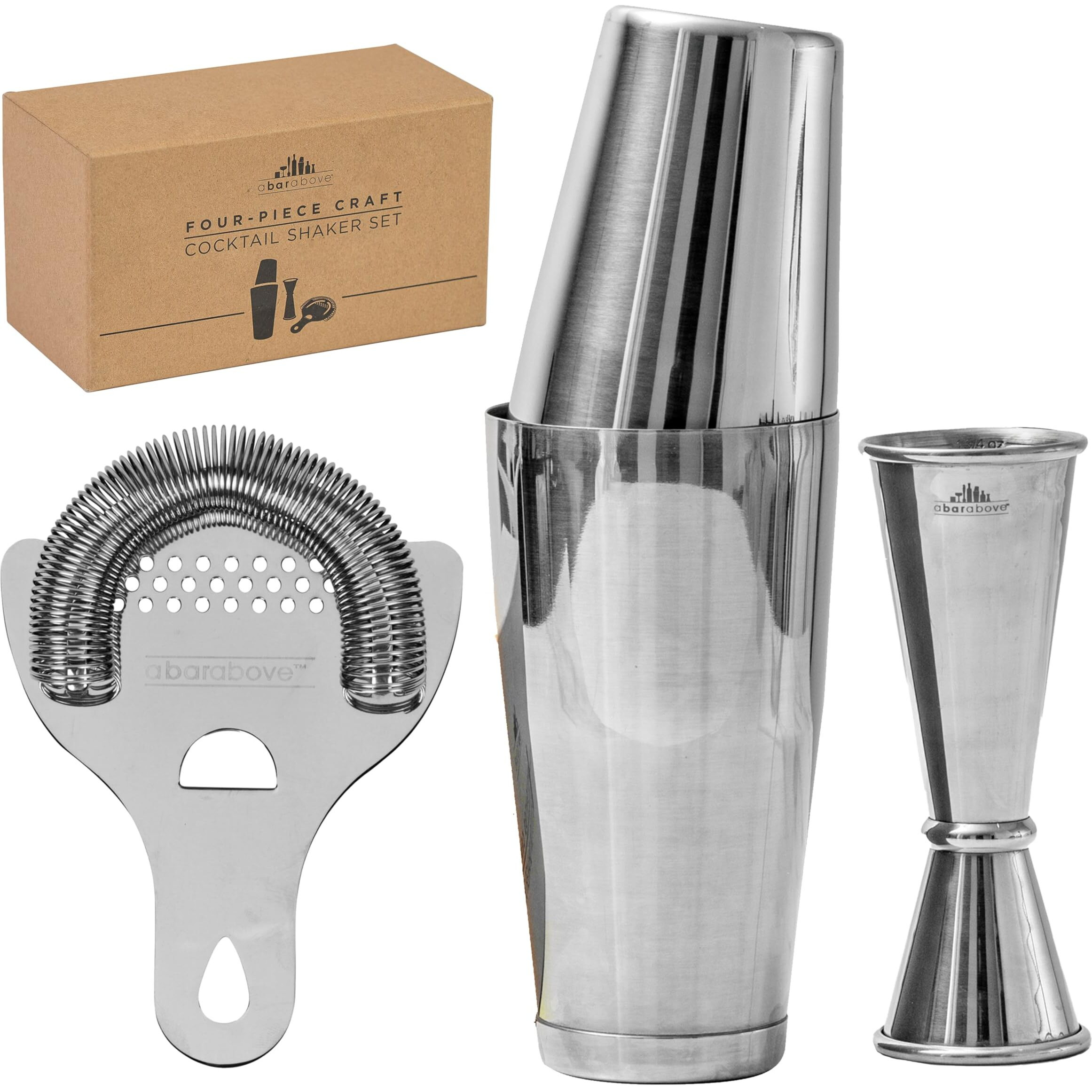 A Bar Above 4-Piece Cocktail Shaker Set For Professional & Home Bar - Premium Bar Kit Gifts Includes Strainer  Japanese Jigger & Boston Shaker Set