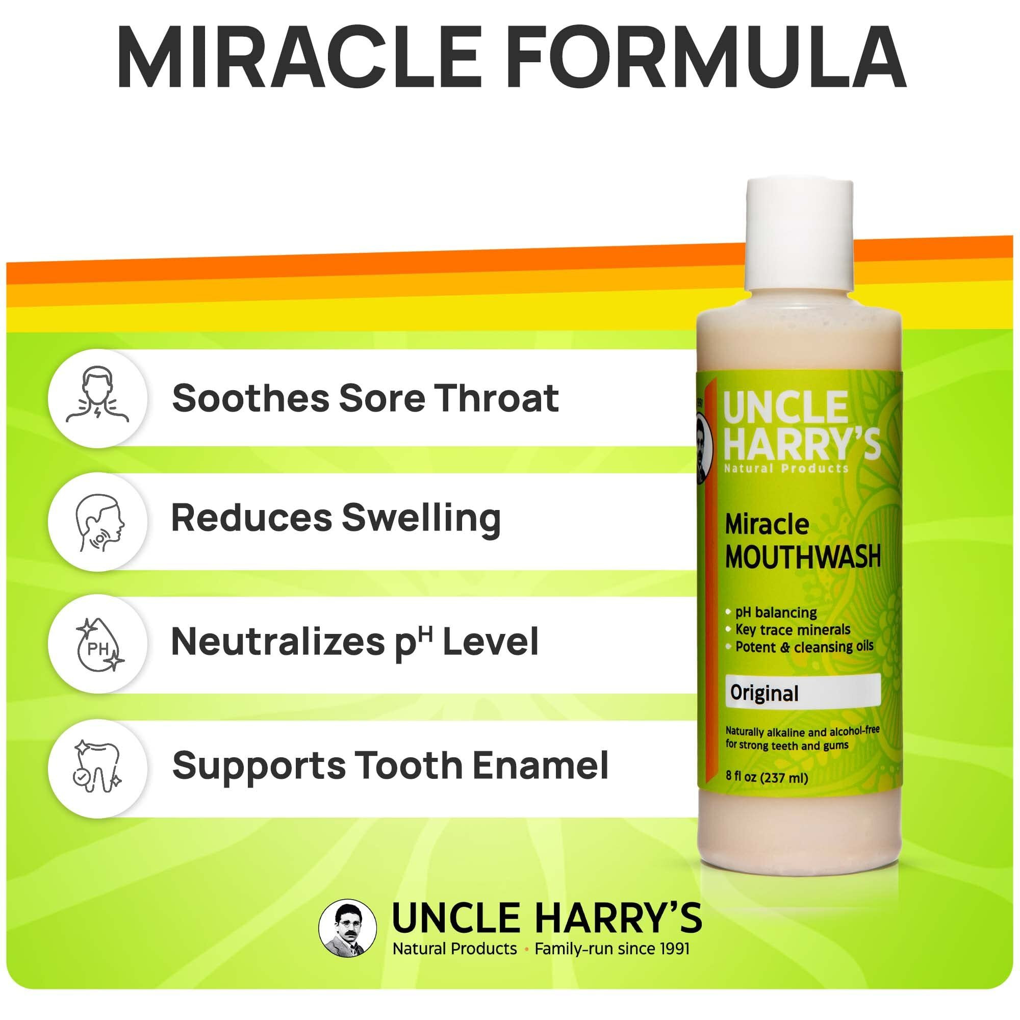 Uncle Harry's Natural Alkalizing Miracle Mouthwash | Adult & Kids Mouthwash For Bad Breath | Ph Balanced Oral Care Mouth Wash & Mouth Rinse (8 Fl Oz)