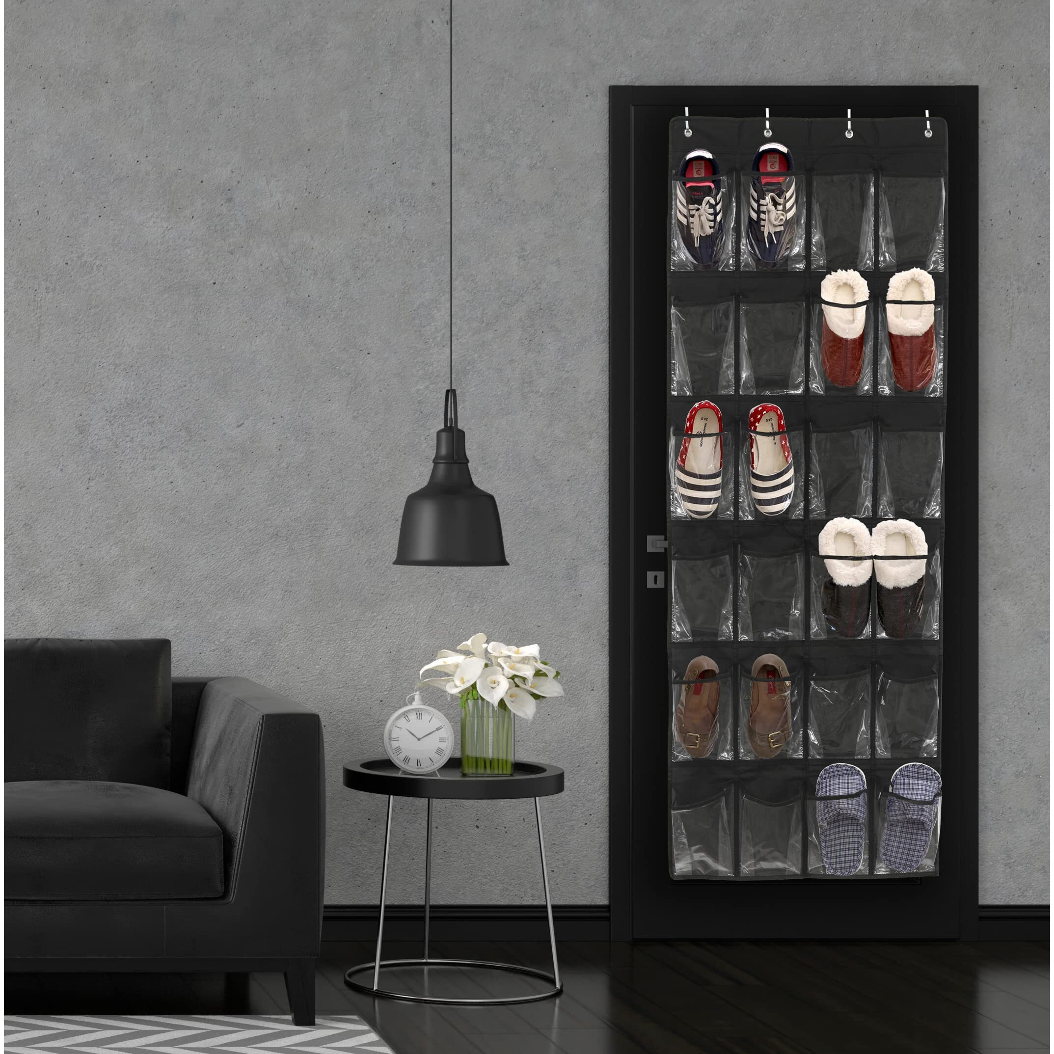 Simple Houseware 24 Pockets - Crystal Clear Over The Door Hanging Shoe Organizer  Black (64'' X 19'')