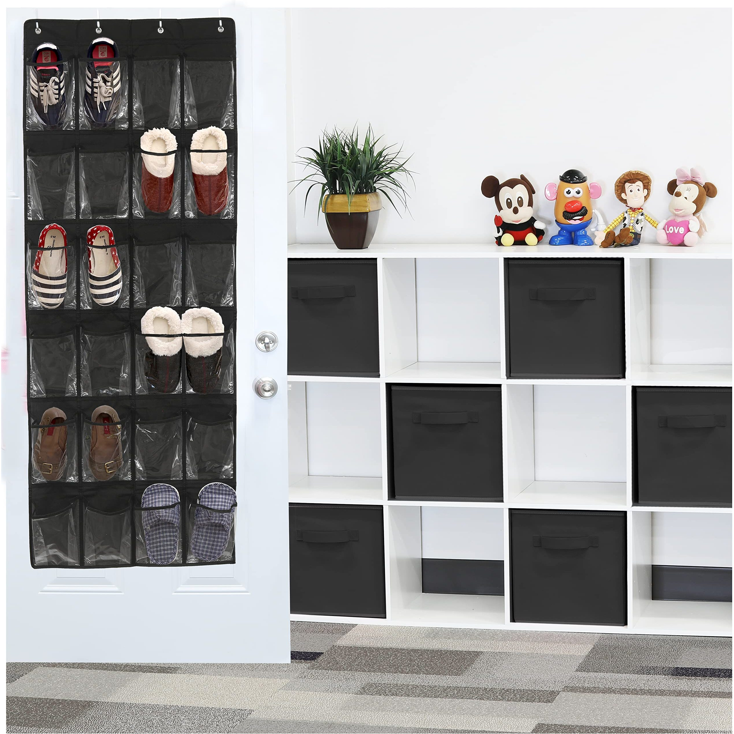Simple Houseware 24 Pockets - Crystal Clear Over The Door Hanging Shoe Organizer  Black (64'' X 19'')