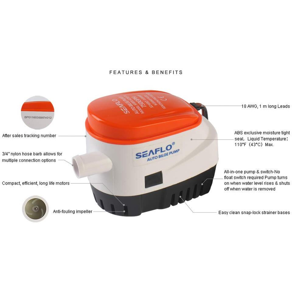 Seaflo 06 Series 750Gph Automatic Submersible Bilge Pump With Built-In Float Switch 12V - 4 Year Warranty