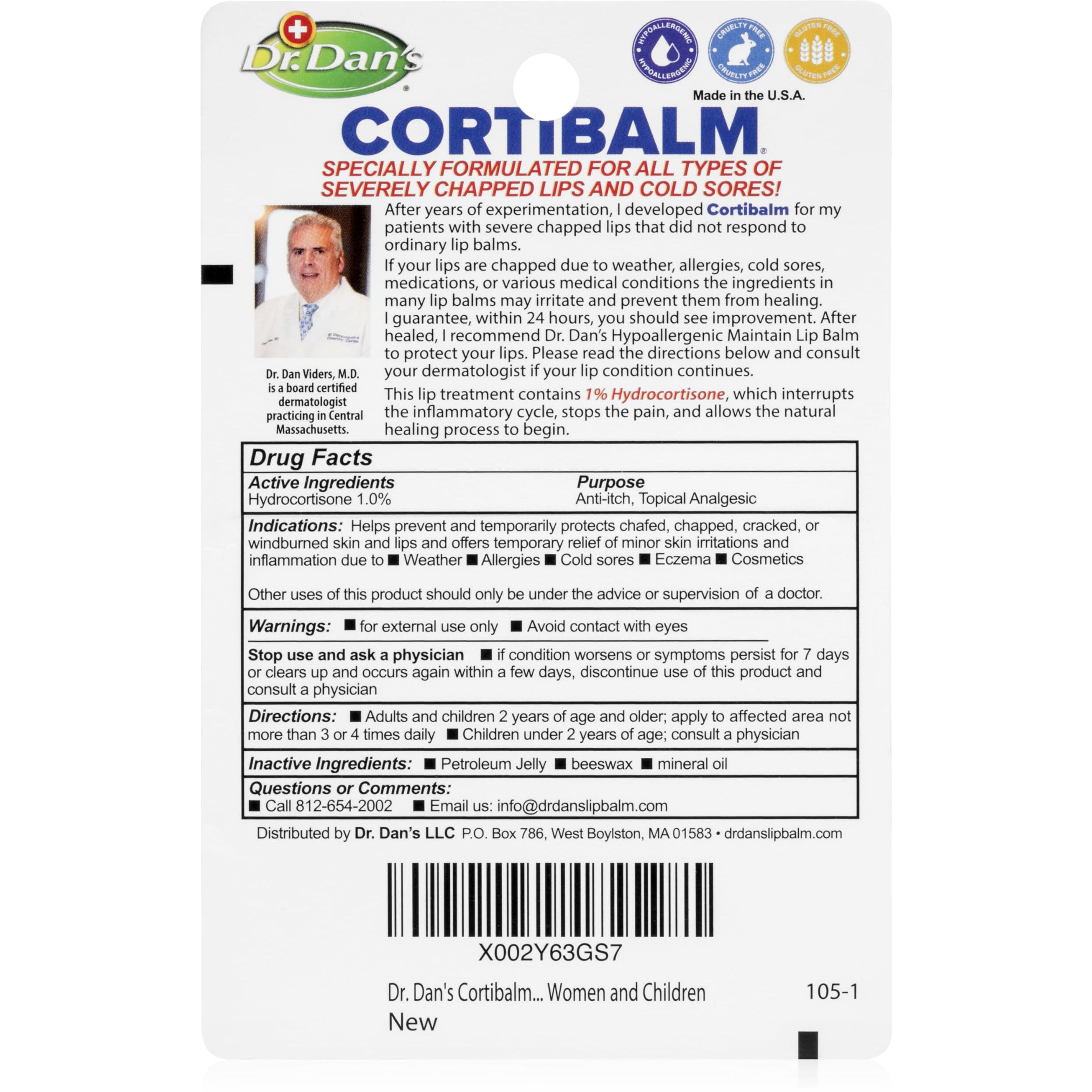 Dr. Dan's Cortibalm- 3 Pack - For Dry Cracked Lips - Healing Lip Balm For Severely Chapped Lips - Designed For Men  Women And Children