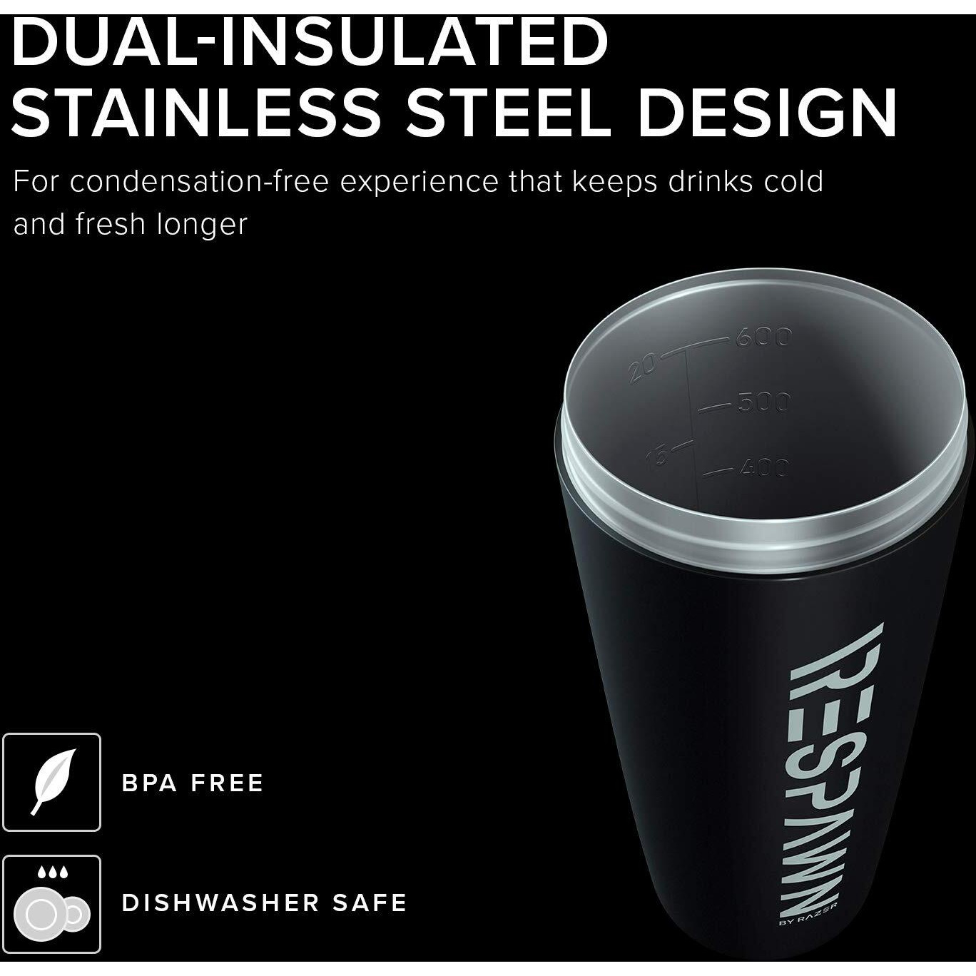 Respawn By Razer Stainless Steel Shaker - Black - Dual-Insulated Shaker Cup - Built-In Grate - Locking Cap - 20Oz