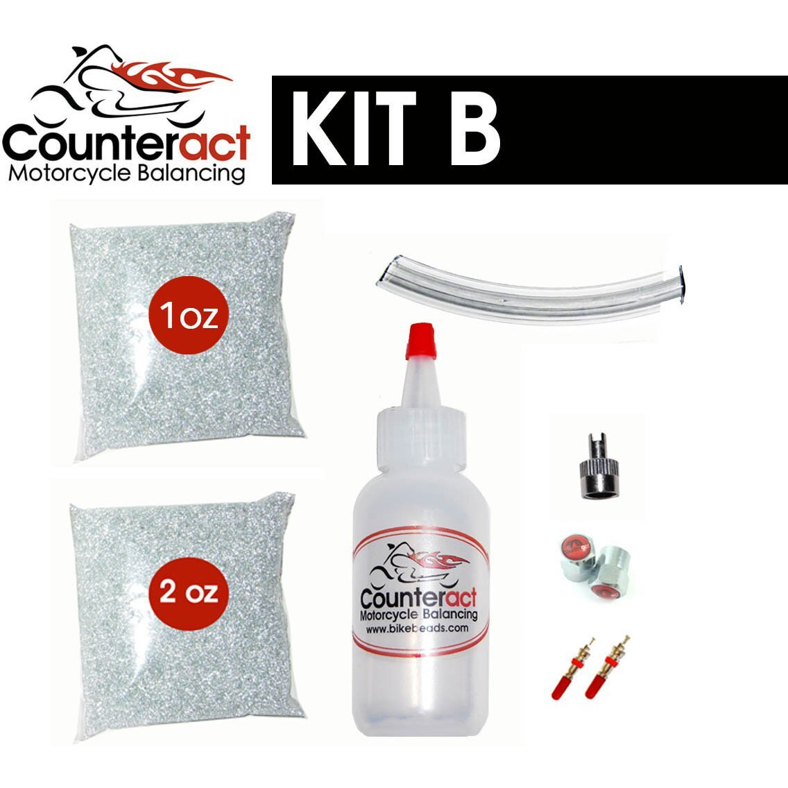 Counteract Kit-B Motorcycle Do It Yourself Tire/Wheel Balancing Beads Kit - (1) 1Oz (1) 2Oz Diy Bead Bags  (2) Valve Caps And Cores  (1) Core Remover  Injector Bottle