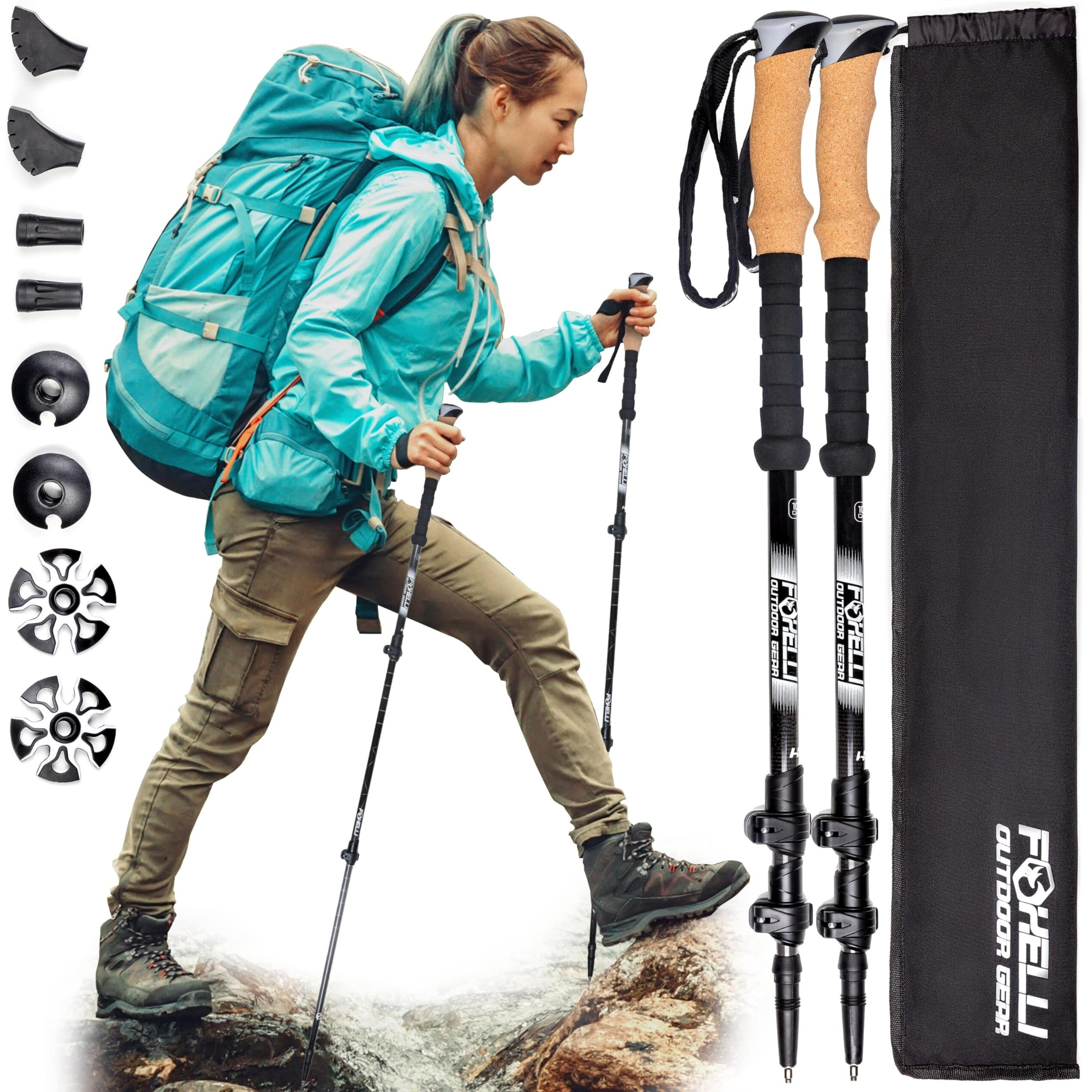Foxelli Carbon Fiber Trekking Poles - Lightweight Collapsible & Shock-Absorbent Hiking Poles W/Cork Grips  Lever Locks & All Terrain Accessories