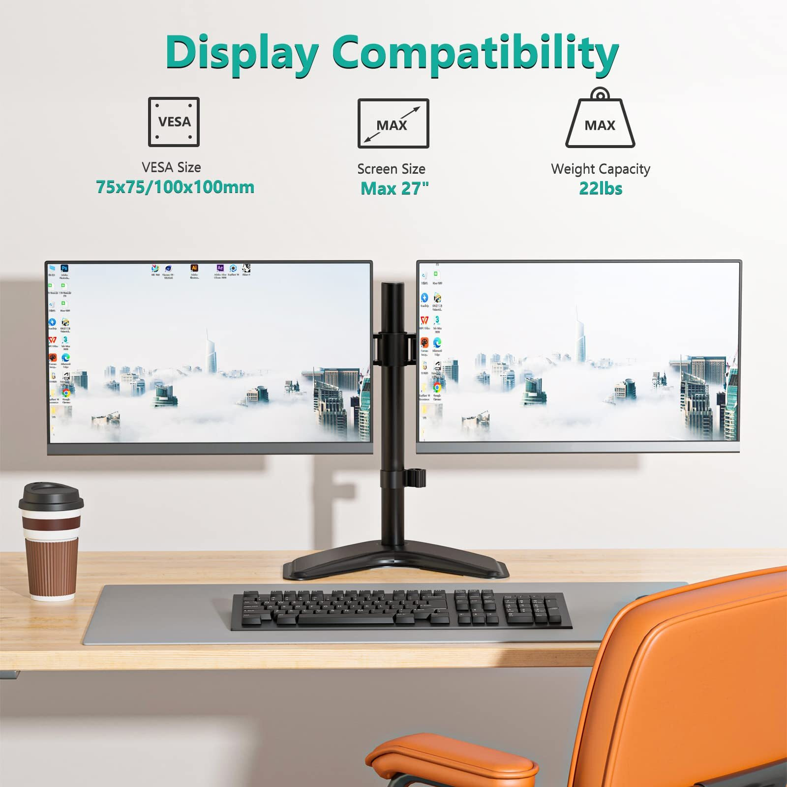Wali Free Standing Dual Lcd Monitor Fully Adjustable Desk Mount Fits 2 Screens Up To 27 Inch  22 Lbs. Weight Capacity Per Arm  With Grommet Base (Mf002)  Black