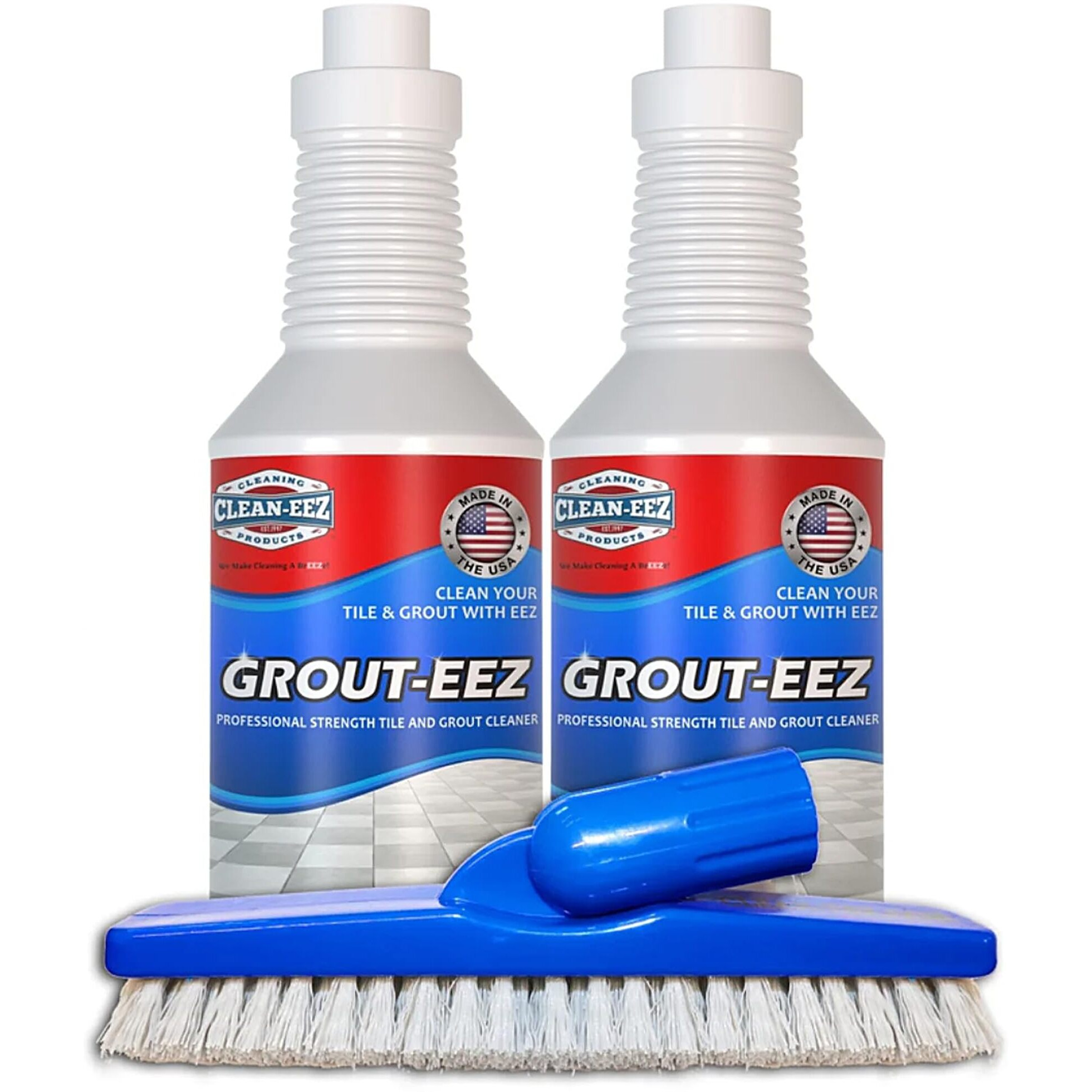 Clean-Eez Grout Cleaner 2 Pack With Free Stand-Up Brush - Stain Remover Heavy-Duty Scrubber - Bathroom Shower Ceramic Porcelain - Easy Control Flip Top Cap - 32 Oz.
